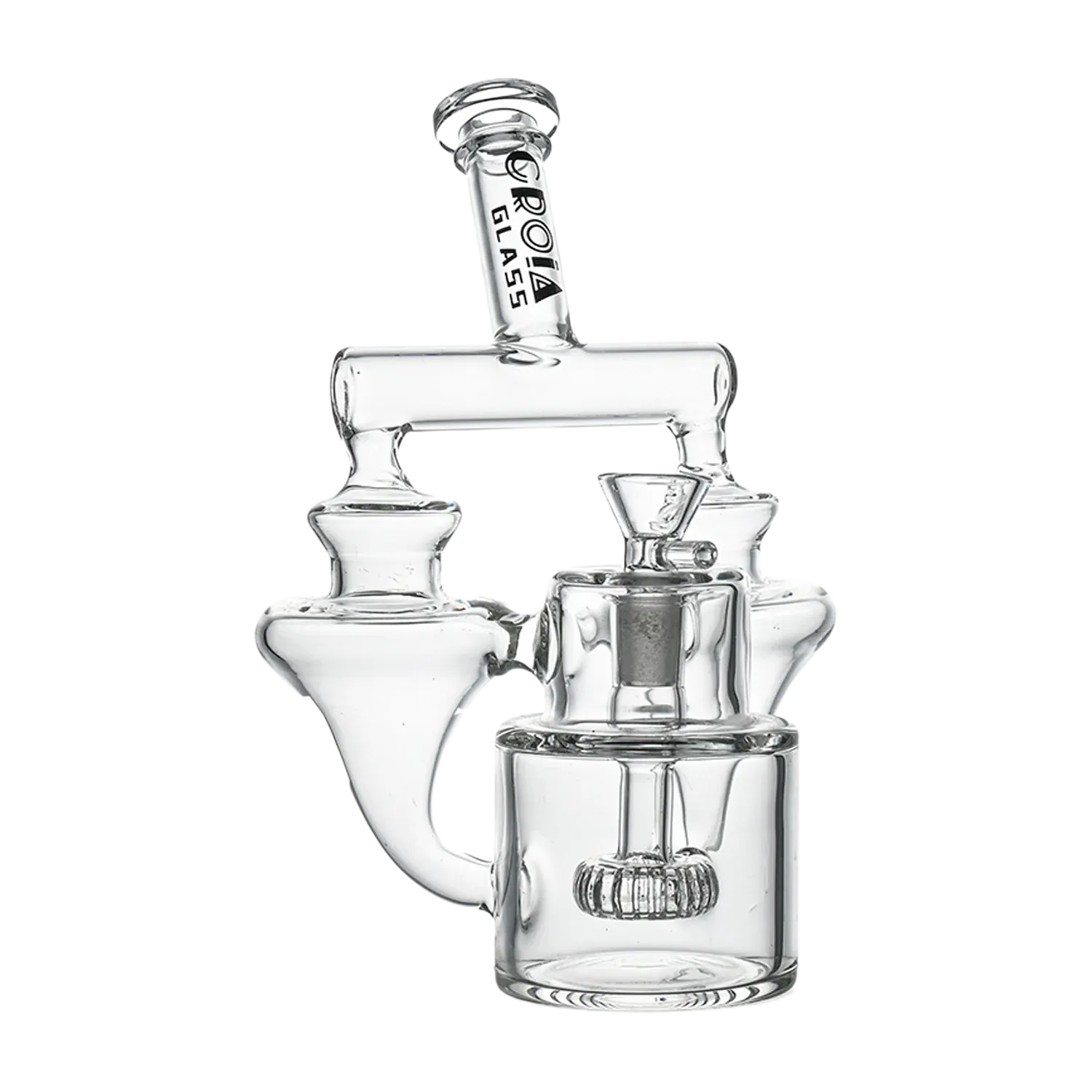 Close-up front view of the clear Croia Glass 8" Twin Vortex Recycler Scientific Glass Water Pipe | Croia Glass showing the dual vortex chambers and vertical mouthpiece.