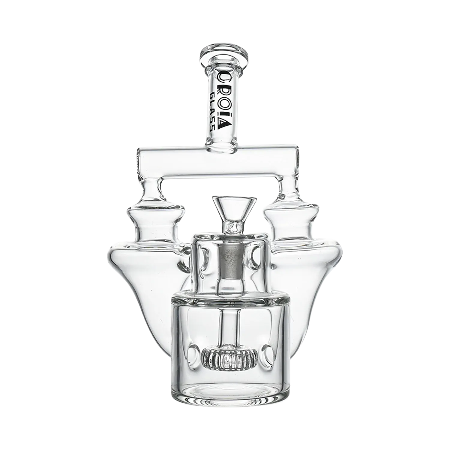 Close-up front view of the clear Croia Glass 8" Twin Vortex Recycler Scientific Glass Water Pipe | Croia Glass showing its twin towers, central chamber and vertical mouthpiece with logo.