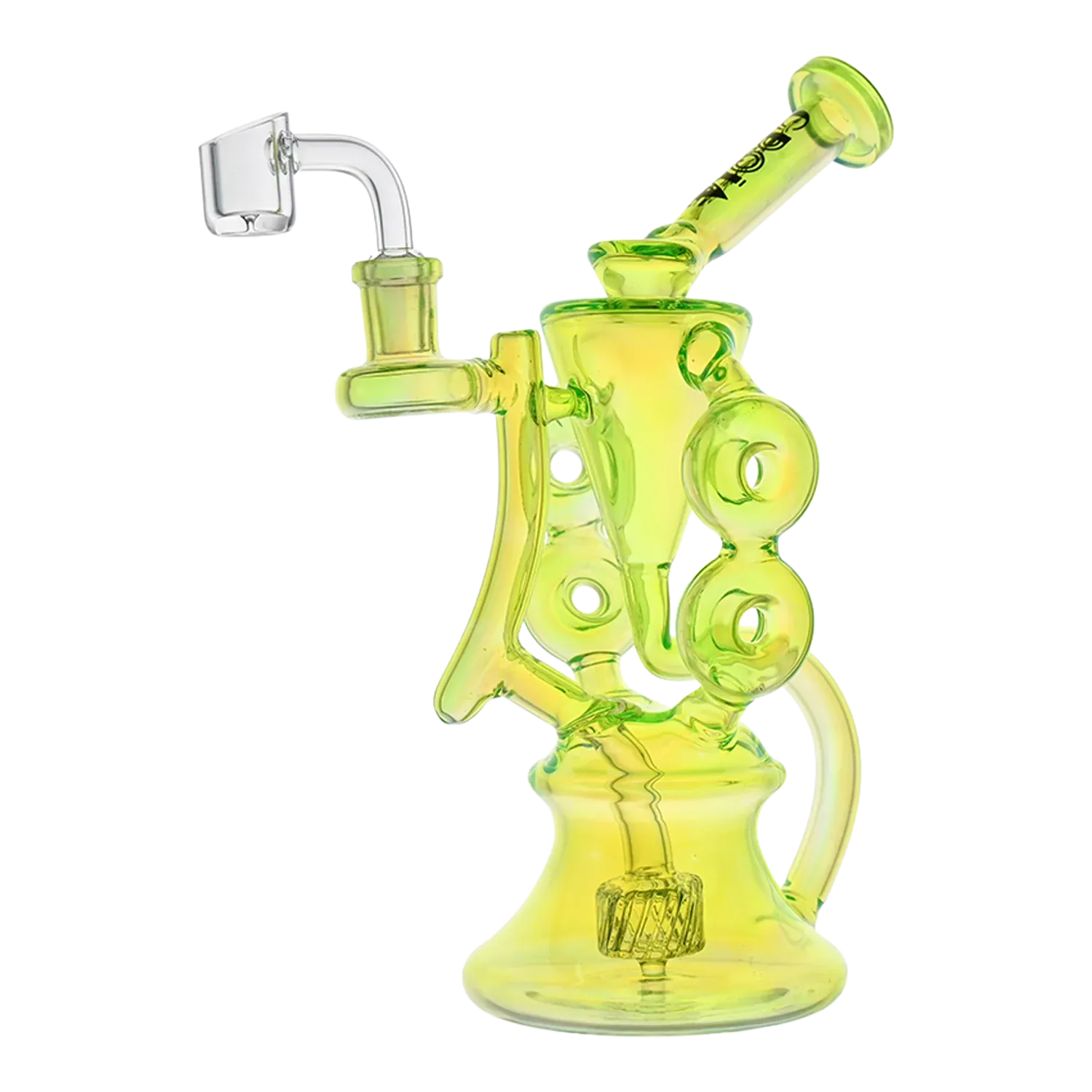 Angled close-up of the Croia Glass 10" Symmetrical Quad-Donut Klein Recycler Dab Rig | Croia Glass showing its lime-pink translucent glass body, stacked donut chambers, and clear banger against a white background