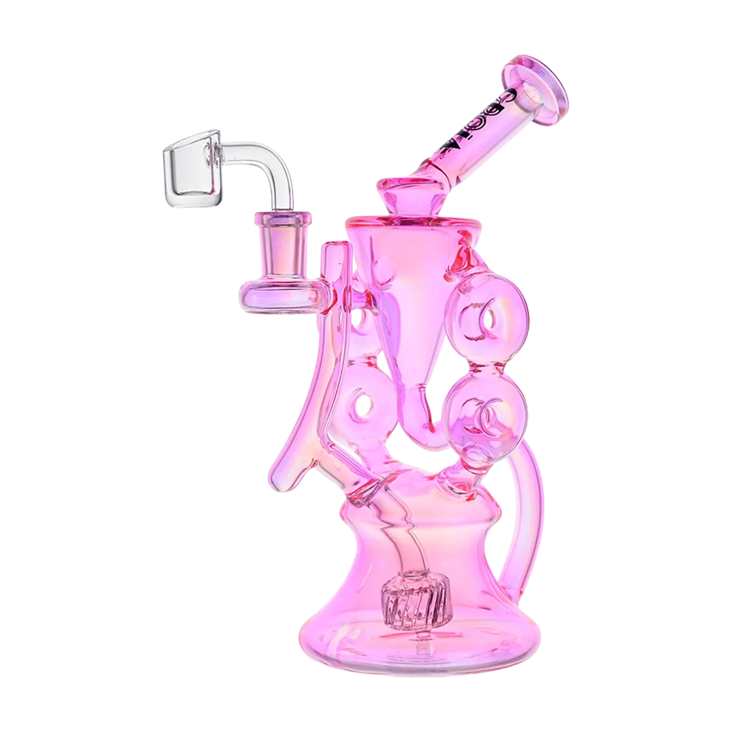 Diagonal close-up of the red Croia Glass 10" Symmetrical Quad-Donut Klein Recycler Dab Rig showing its pink-tinted glass body, angled mouthpiece, and circular quad-donut chambers against a white background