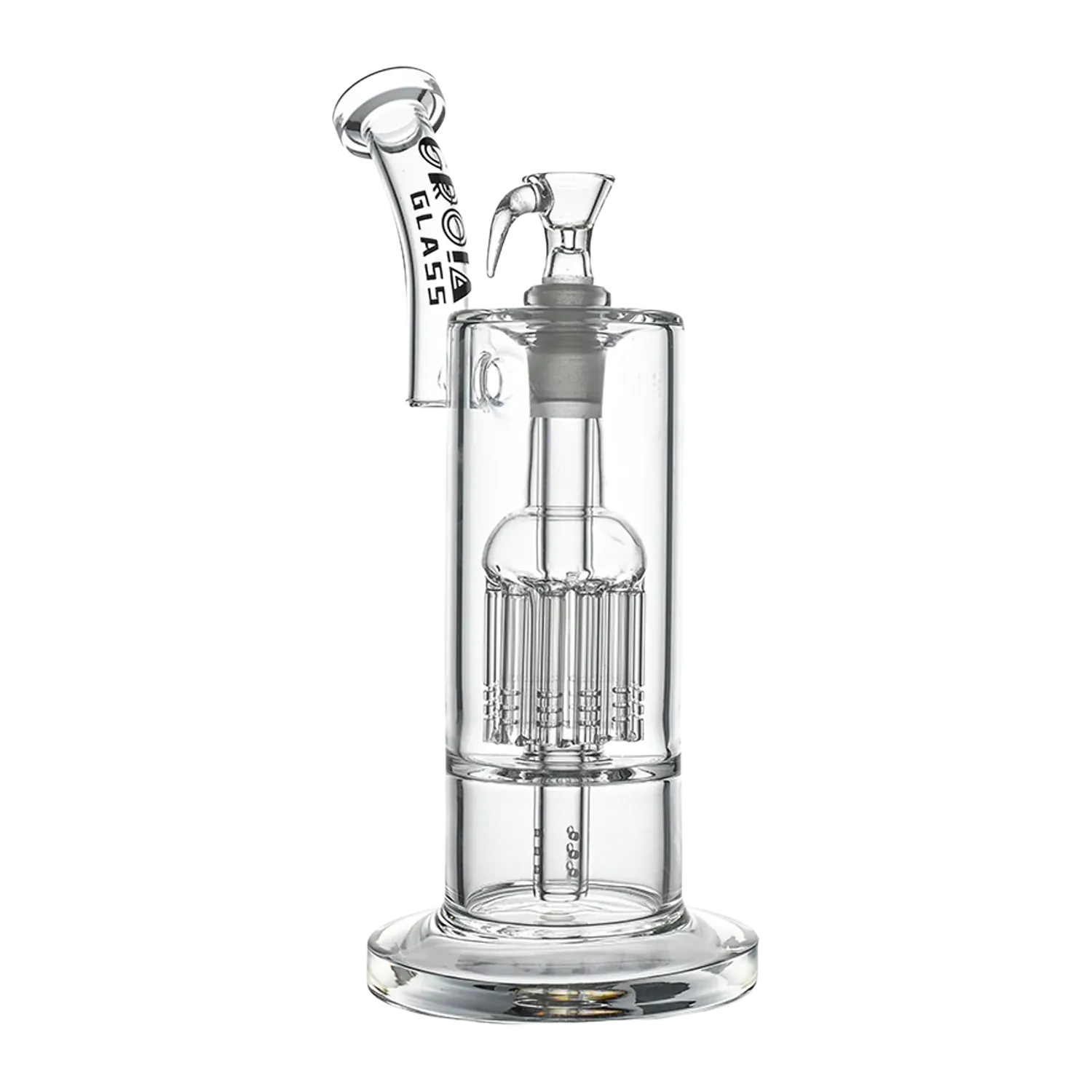 Close-up front view of the Croia Glass 10" Dual Chamber Scientific Bubbler Tree Perc Glass Bong showing its cylindrical dual chambers and tree percolator.