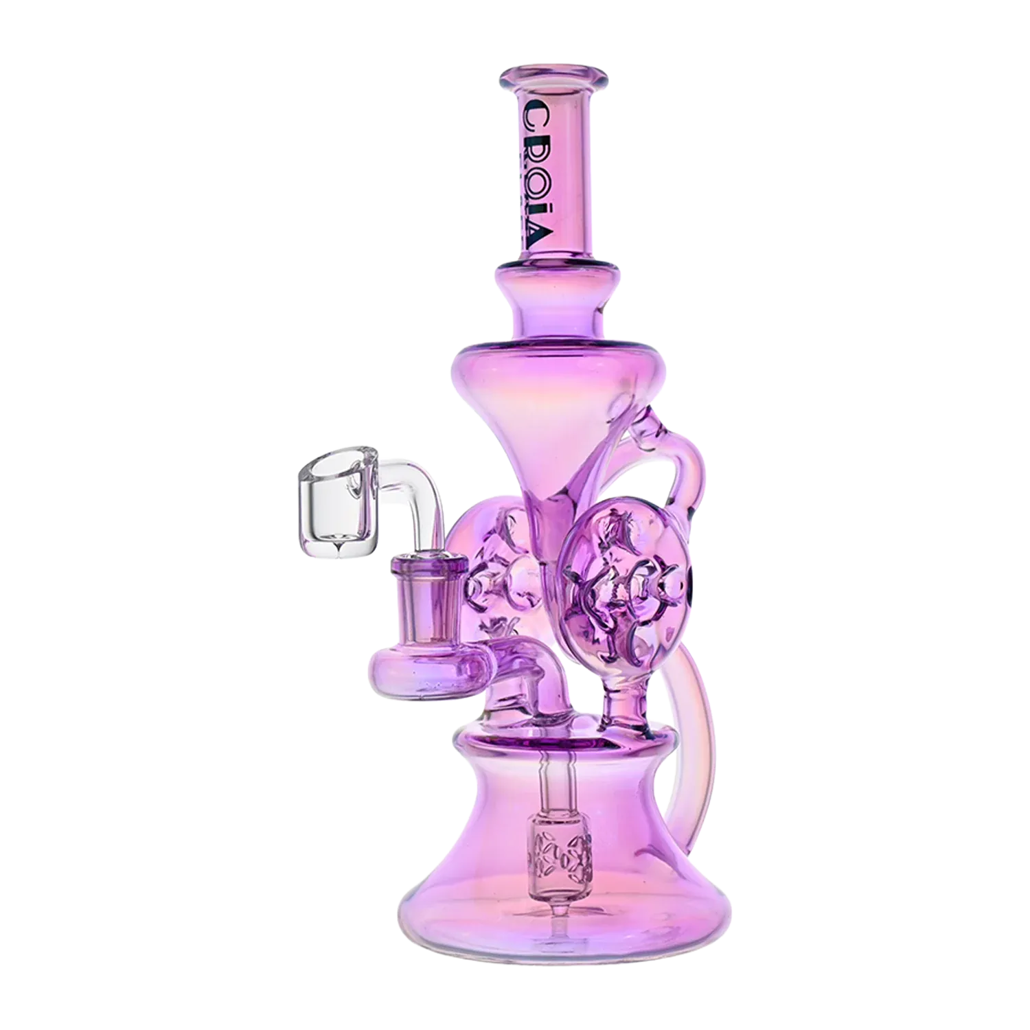 Three-quarter view of the red Croia Glass 10" Dual Swiss Perc Klein Recycler Dab Rig | Croia Glass showing its translucent pink-red glass body, stacked chambers, and clear quartz banger against a white background