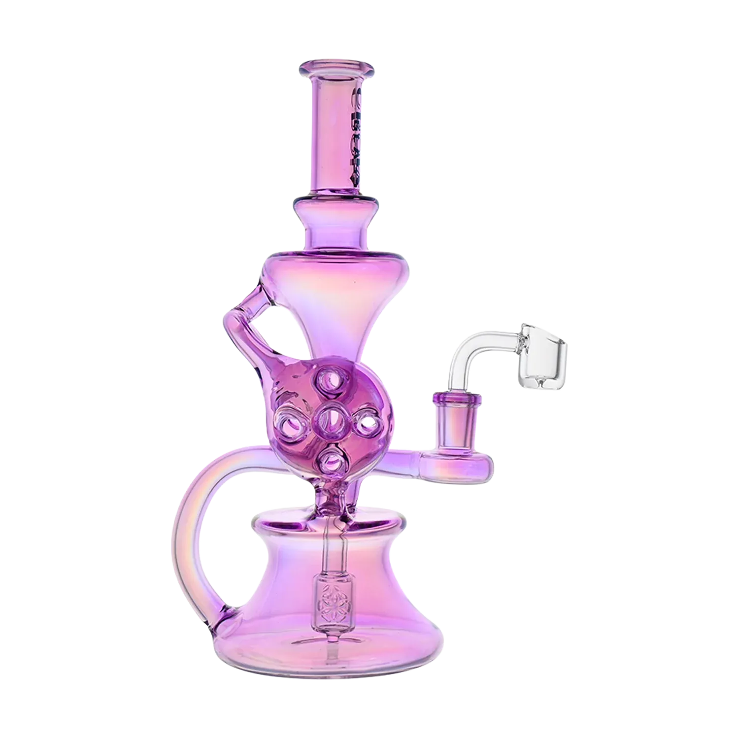 Front three-quarter view of the pink Croia Glass 10" Dual Swiss Perc Klein Recycler Dab Rig showing its stacked chambers, rounded recycler loop and clear quartz banger.