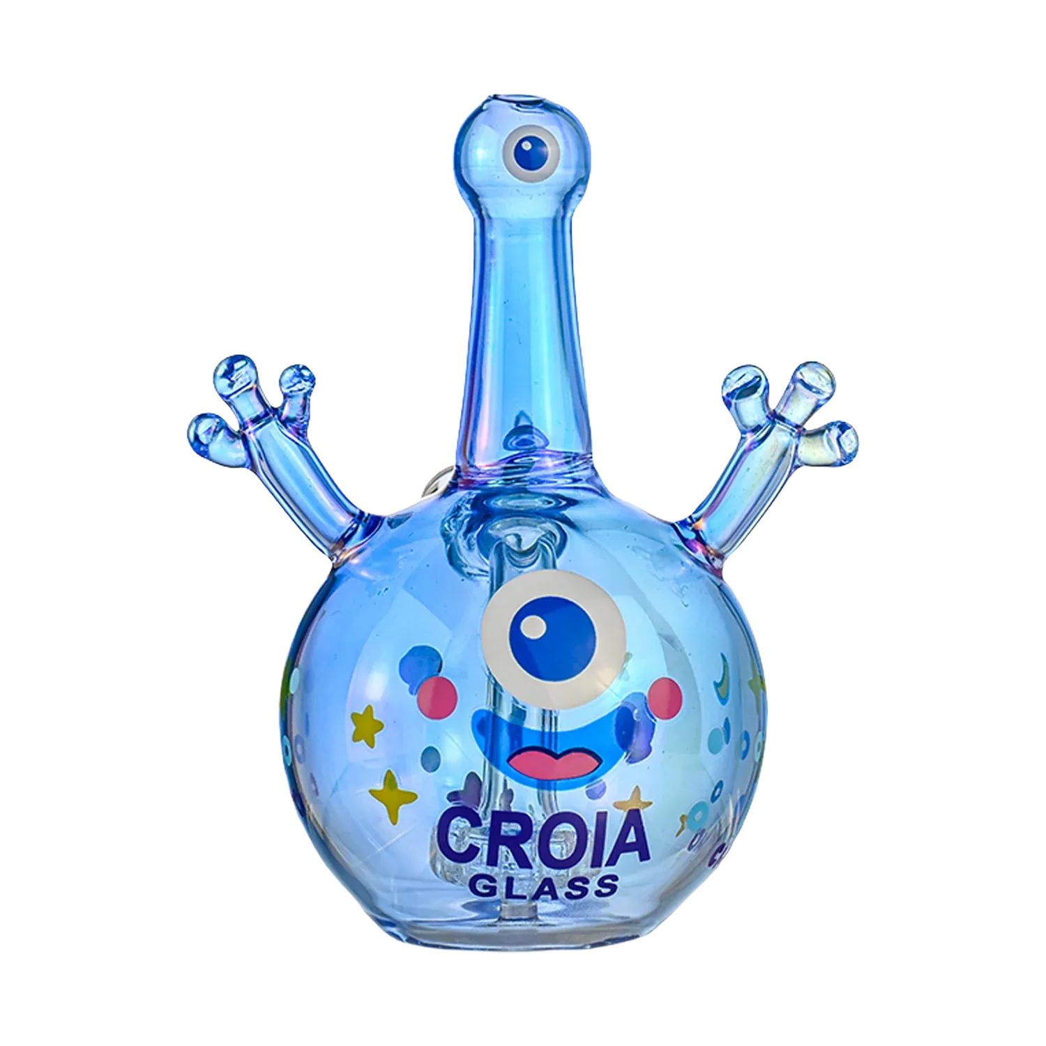 Front-facing image of the Croia Glass Cyclops Monster Mini Dab Rig with Showerhead Perc showing its blue glass cyclops face, two small arm-like percs and bulbous body.