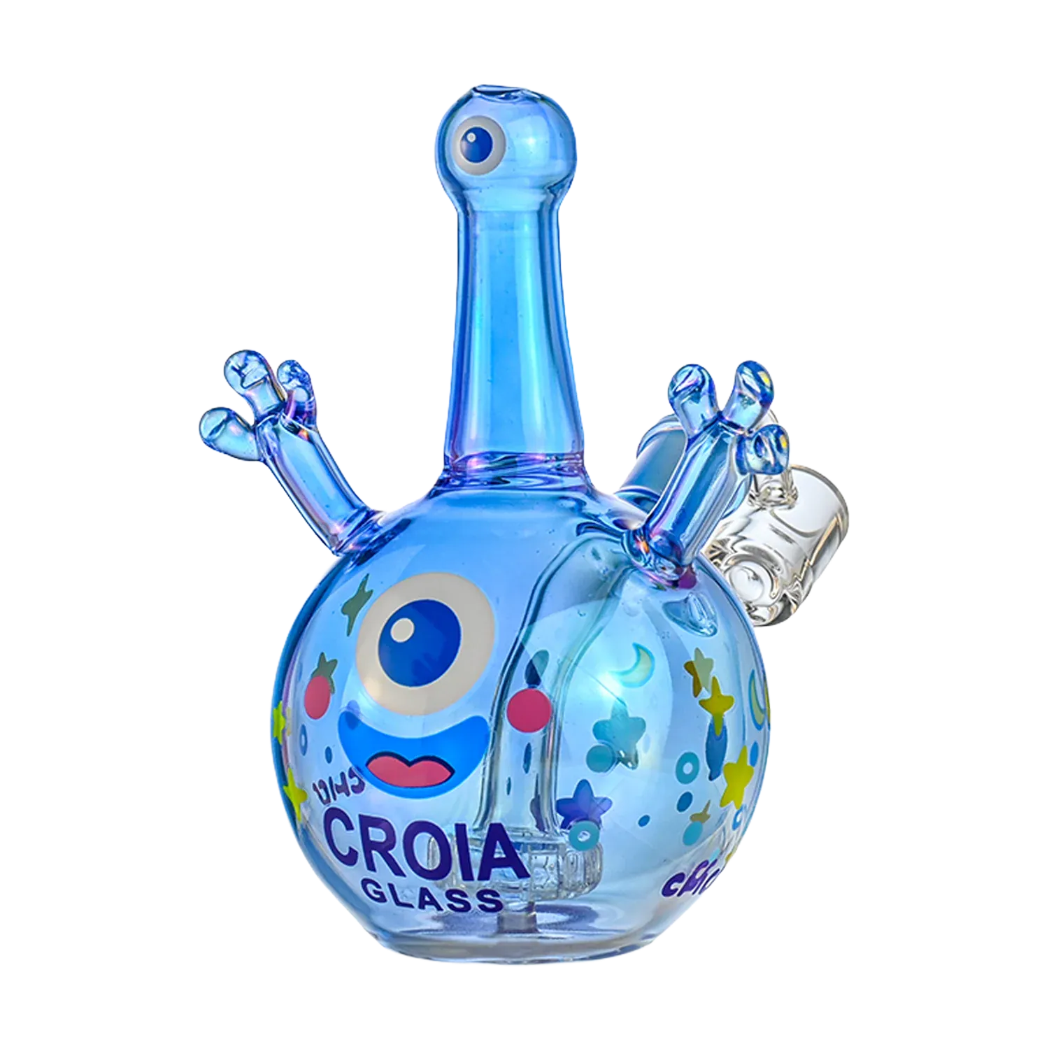 Front-facing close-up of the blue Croia Glass Cyclops Monster Mini Dab Rig with Showerhead Perc showing its single top eye, stubby arm-like percs and colorful cartoon face on a white background