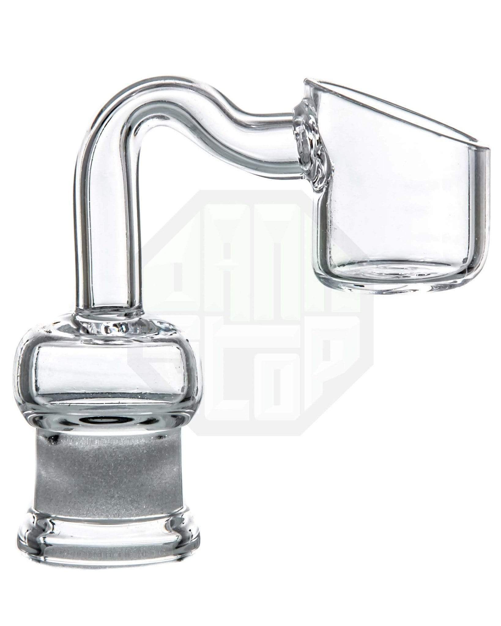 Close-up side view of the clear 2mm 2-in-1 Quartz Banger Nail showing its curved neck, welded joint, and angled bucket against a white background
