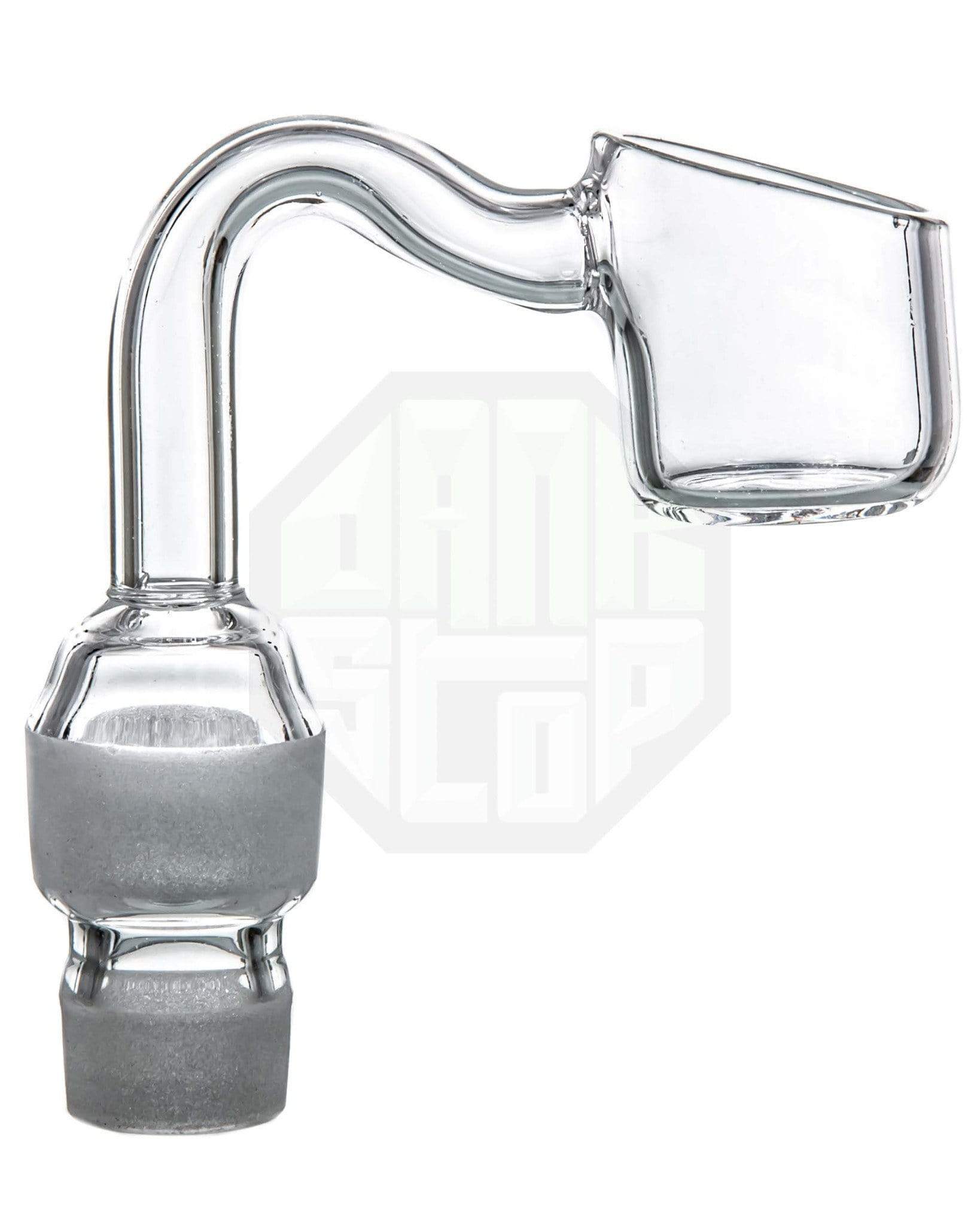 Close-up side view of the clear 2mm 2-in-1 Quartz Banger Nail showing the curved neck and square bucket against a white background.
