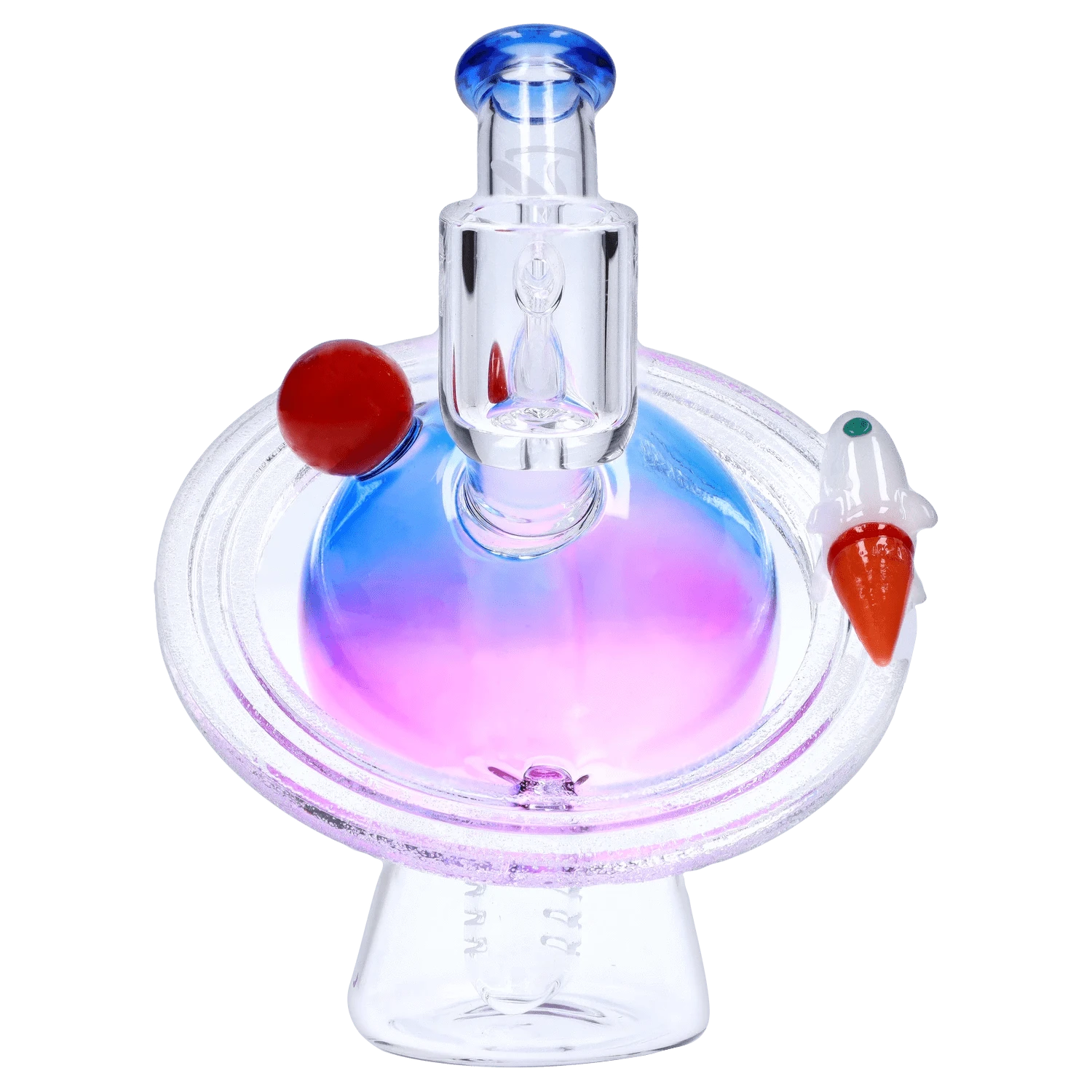 Top-down view of a rainbow-hued glass dish with a clear cylinder and red accents on the Planet Bong.