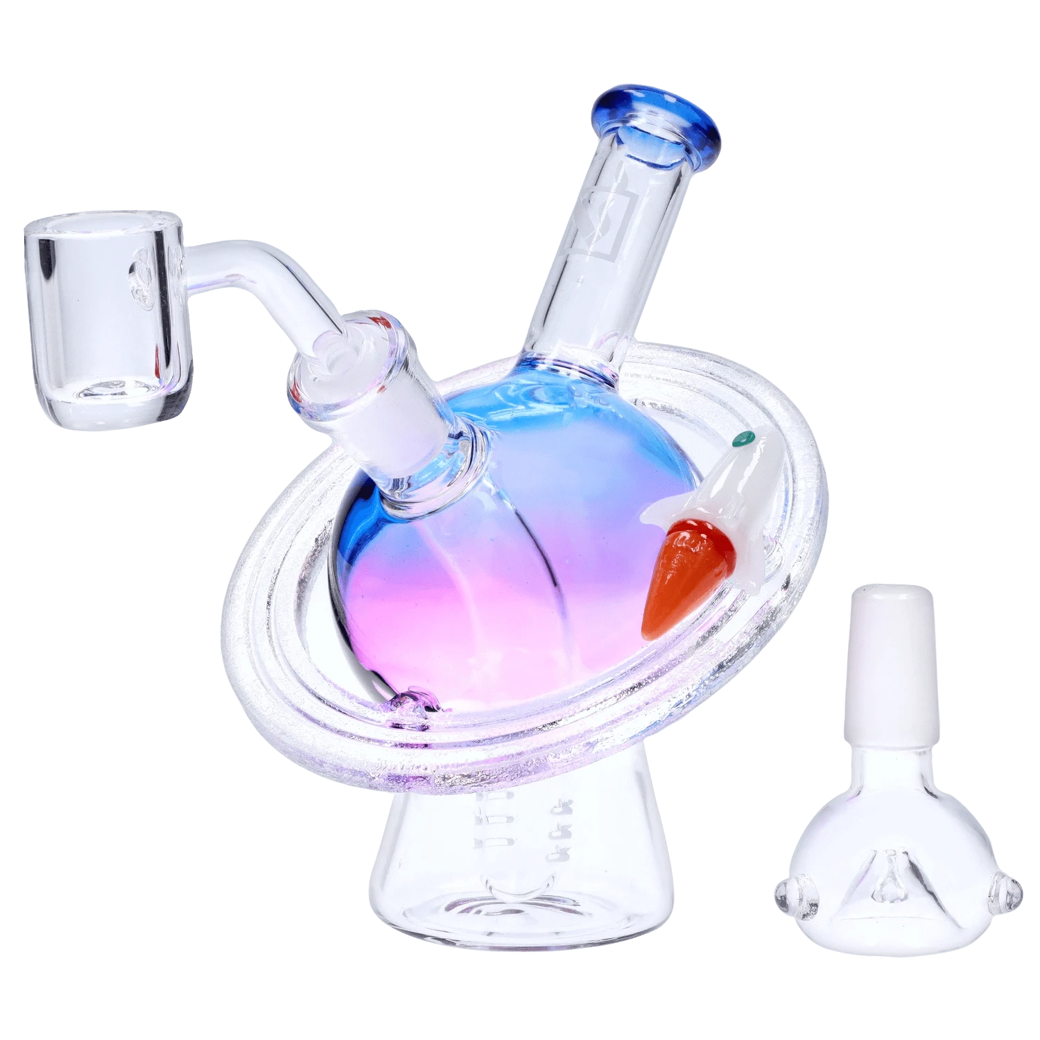 Angled close-up of the iridescent blue-pink glass orb and mouthpiece of the Planet Bong, shown with a clear joint and orange-tipped accent.