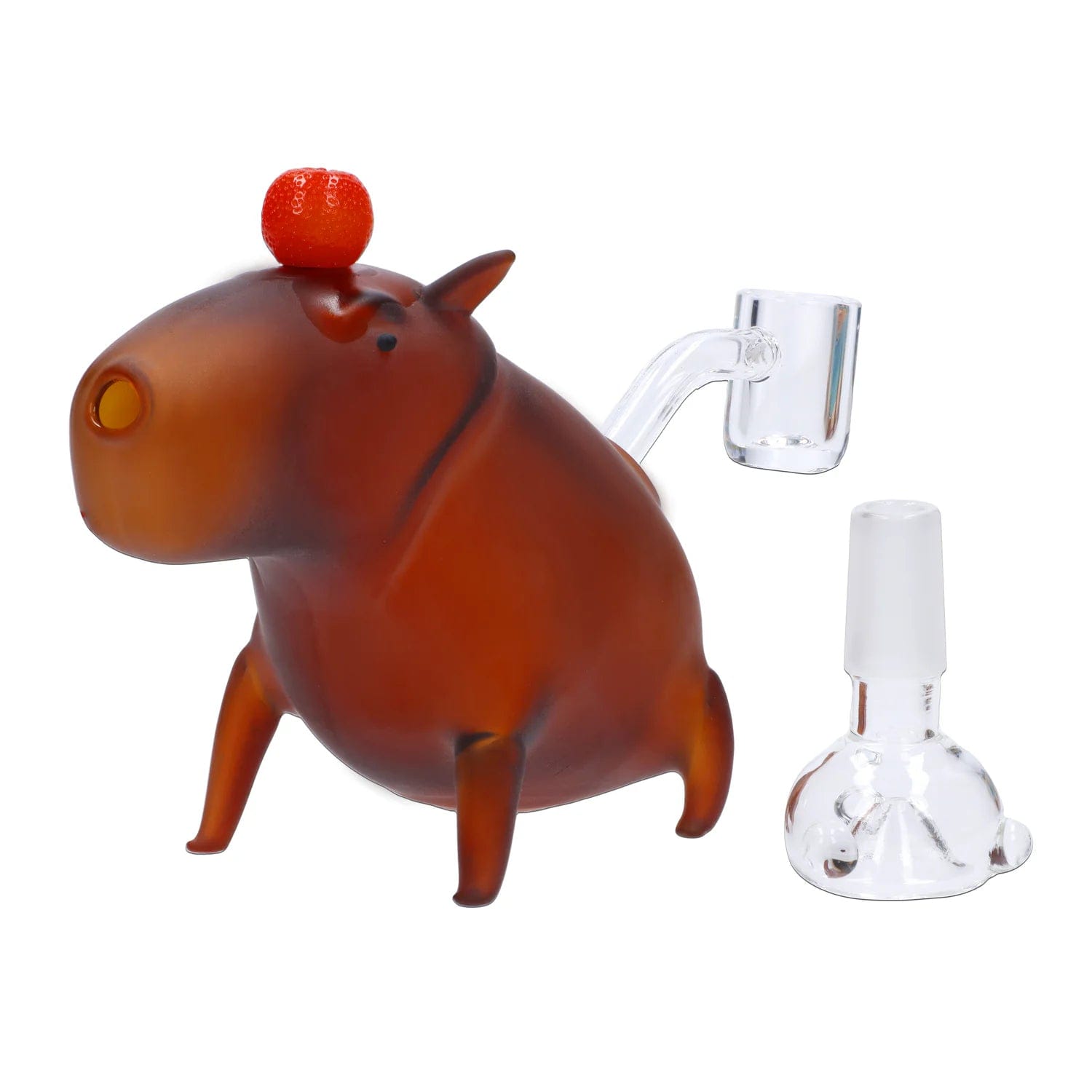 A side view of the DHC Originals February 2024 Capybara Bong, a brown ceramic water pipe shaped like the animal.