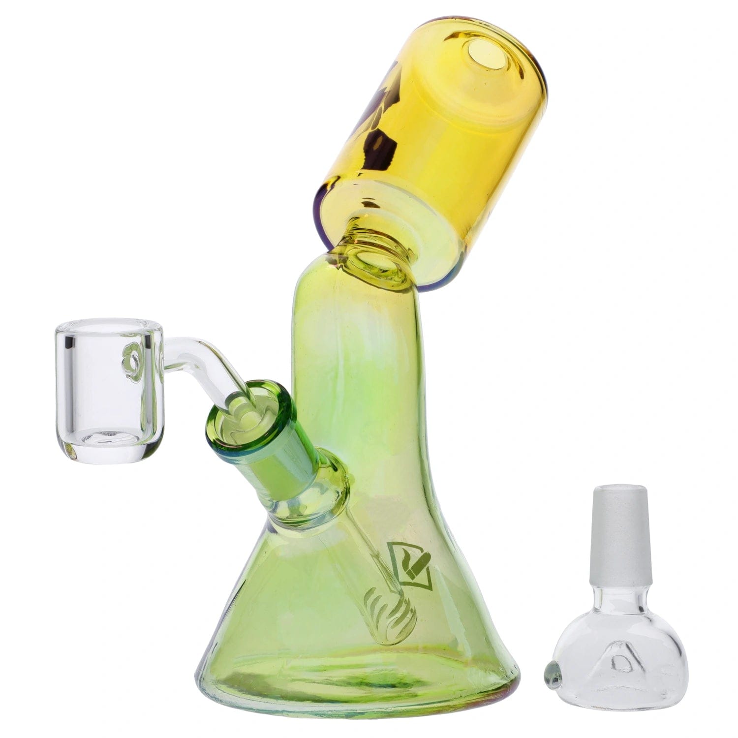 Front view of The El Primo, a clear glass bong with a curved neck and simple beaker shape.