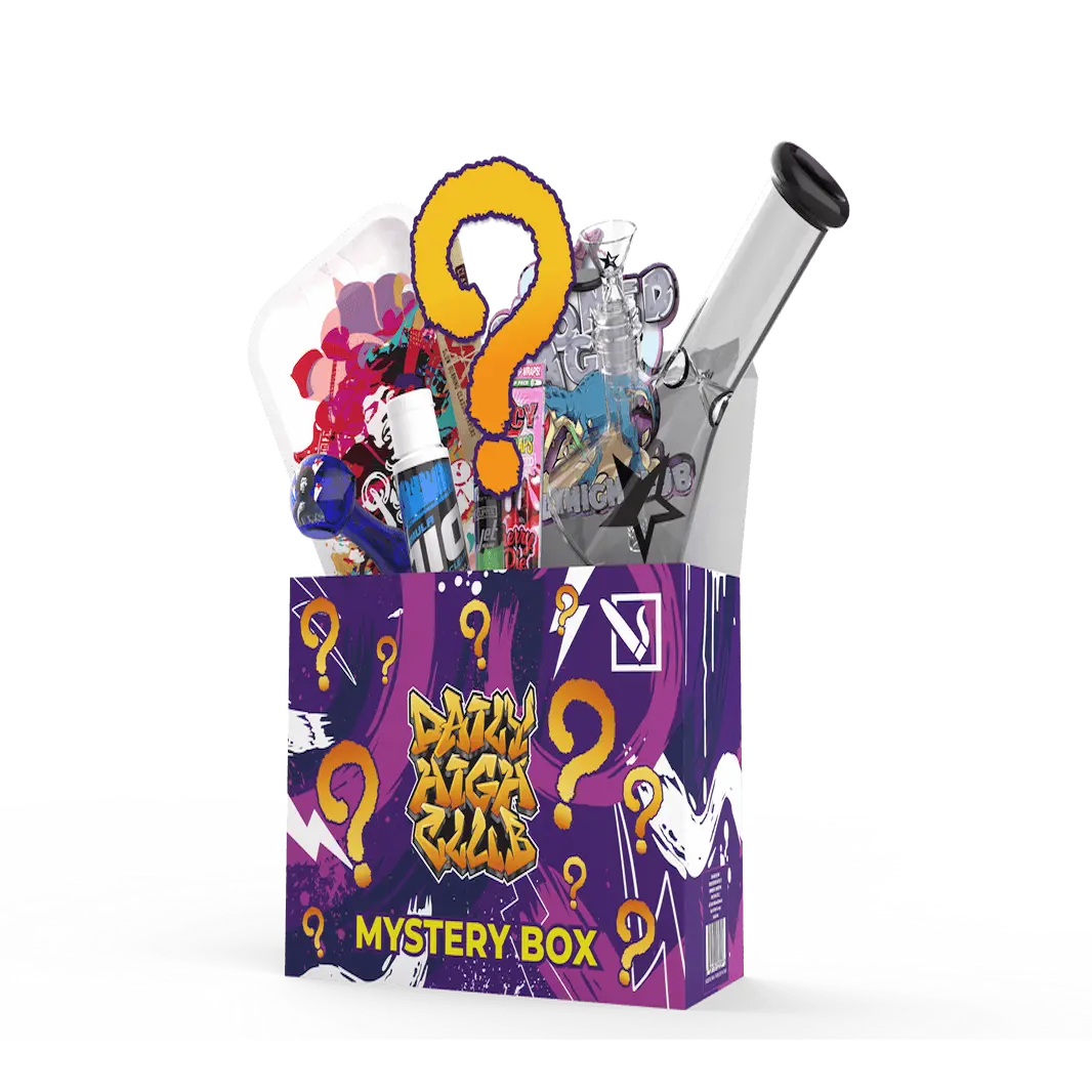 Front three-quarter view of a purple, graffiti‑covered DHC Originals Mystery Box overflowing with assorted smoking accessories and a large yellow question mark.