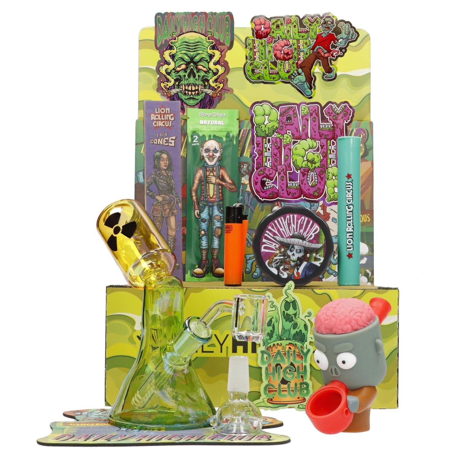 Front view of the “Radioactive Wasteland” Smoking Box, featuring a green, cartoonish design with a red accent on a patterned surface.