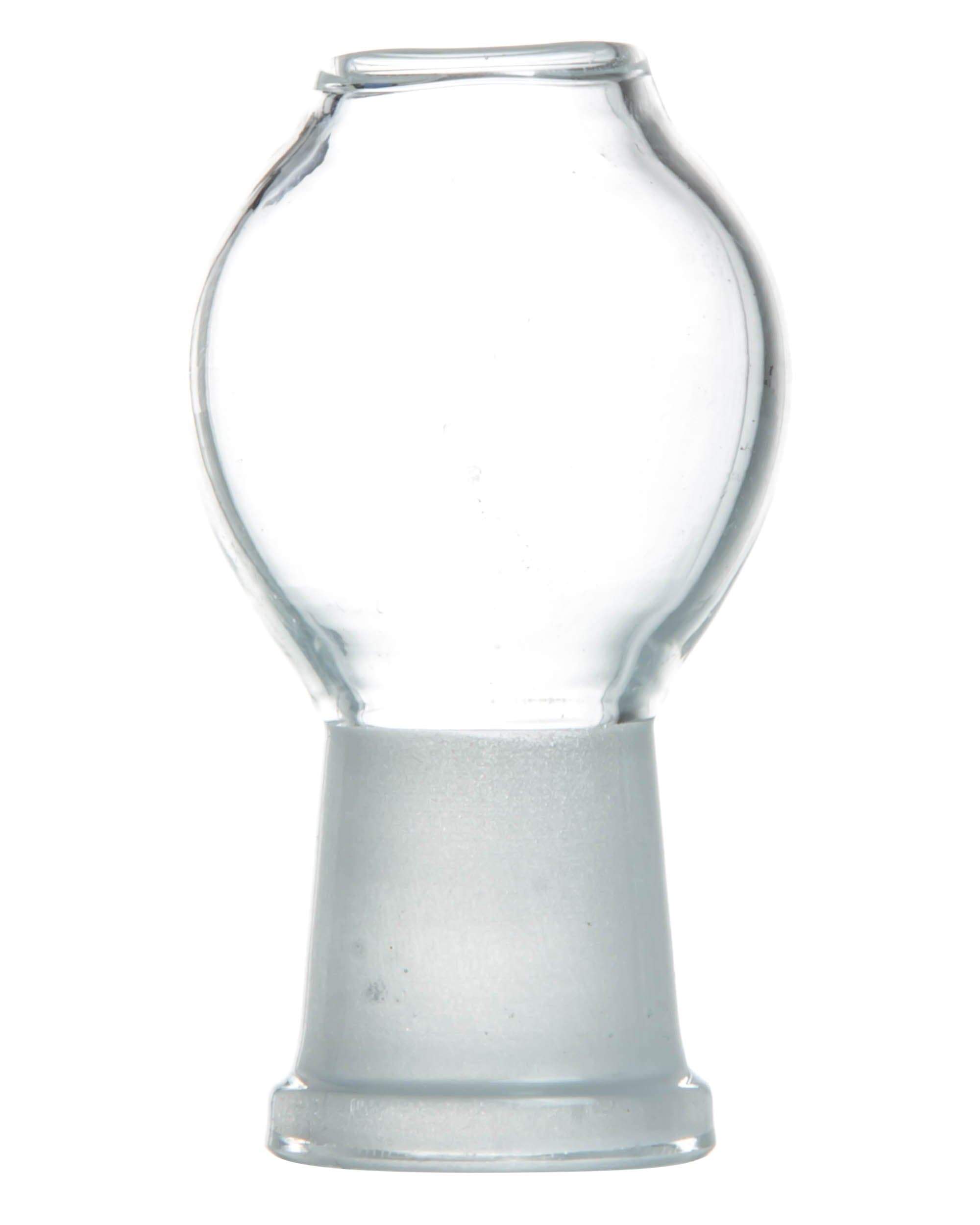 A front view of the Female Joint Standard Glass Dome, showing its clear glass construction and rounded shape.