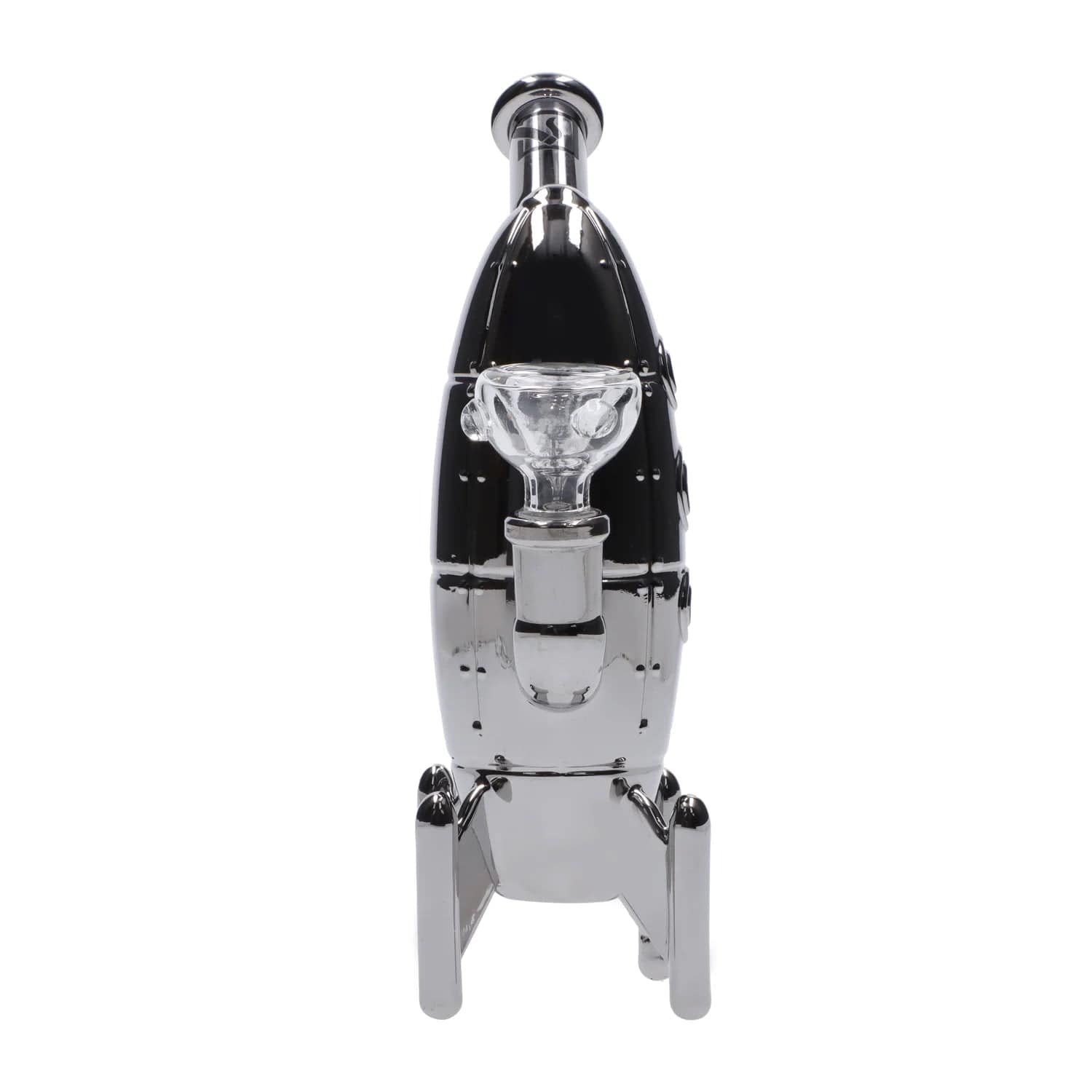 A front view of the DHC Originals March 2024 Silver Rocket Bong, showcasing its sleek, silver design and unique rocket shape.