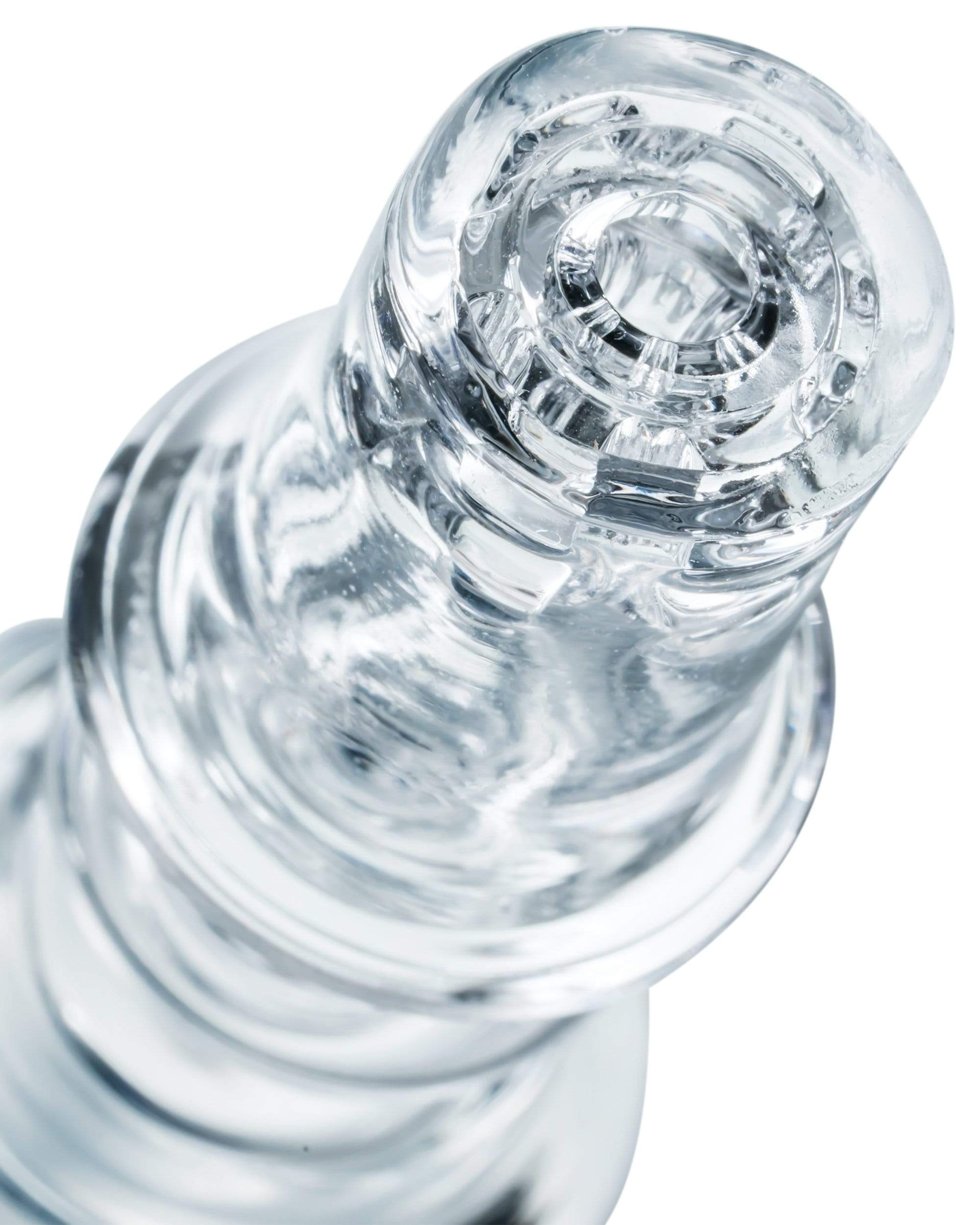 Close-up angled view of the clear glass Diamond Knot Domeless Nail showing its spiral knot top and smooth reflective surface.