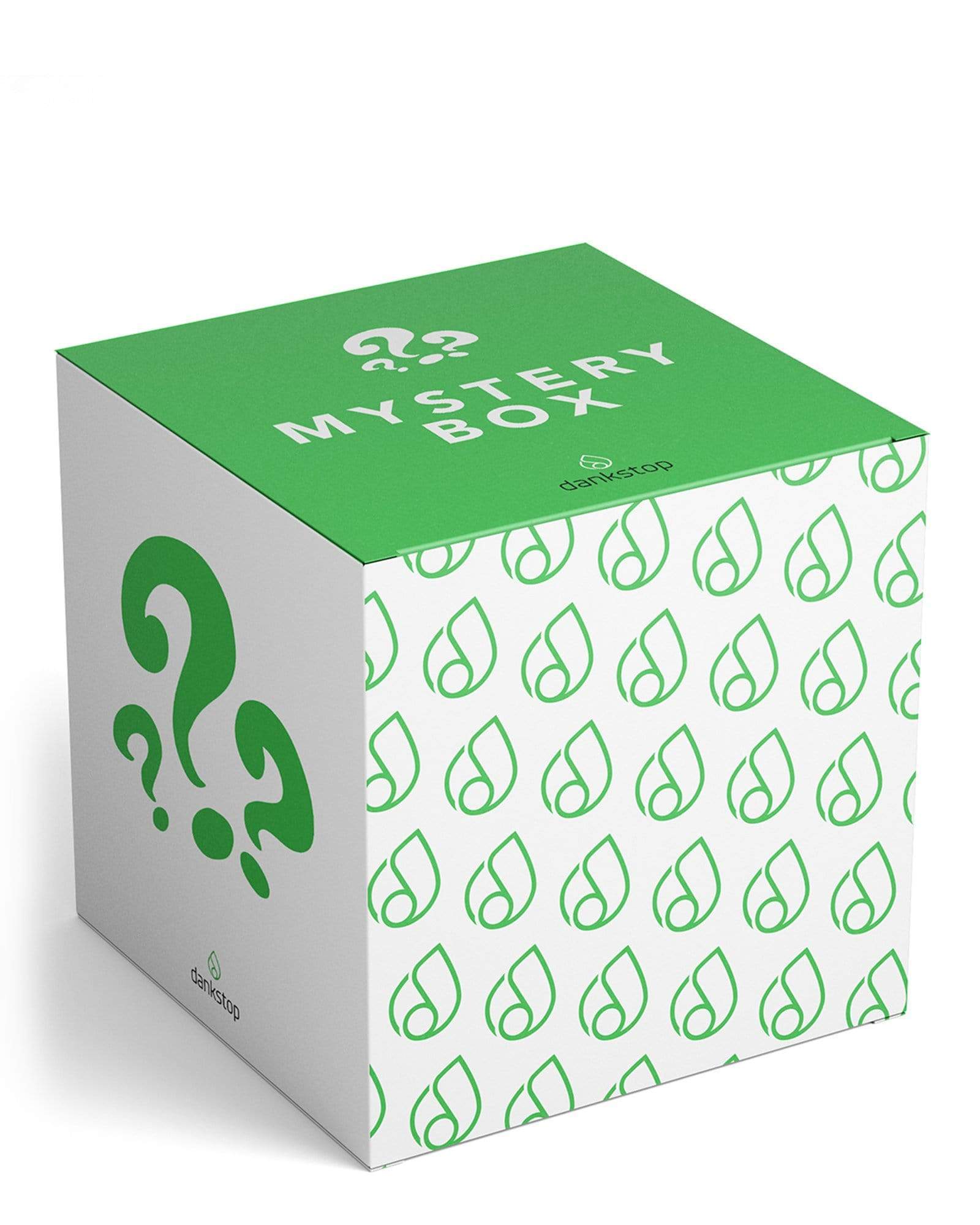 Angled view of a white and green box with repeating leaf motifs and a green lid labeled "DHC Originals Mystery Box."