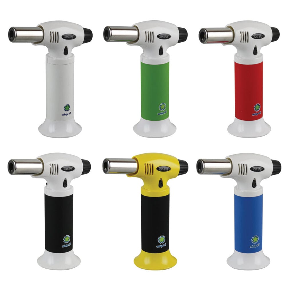 Six angled front views of Whip-It! Ion Lite Torch Lighter models arranged in a 3x2 grid, each showing the white top, metal nozzle, and colored cylindrical bases on a white background.