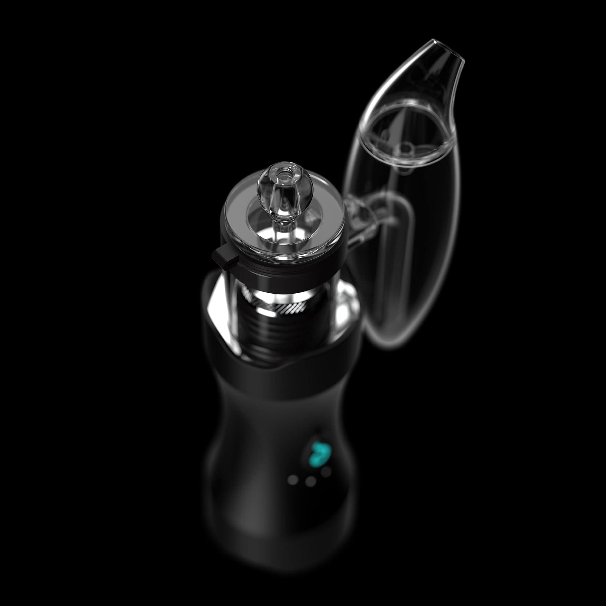 Close-up angled view of the glass top and mouthpiece of the Dr. Dabber XS™ against a black background.