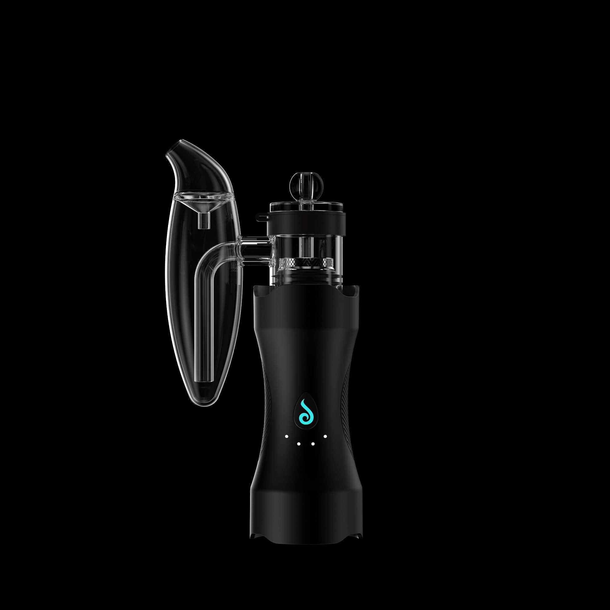 Close-up front view of the Dr. Dabber XS™ showing its glossy black body and clear glass mouthpiece against a solid black background
