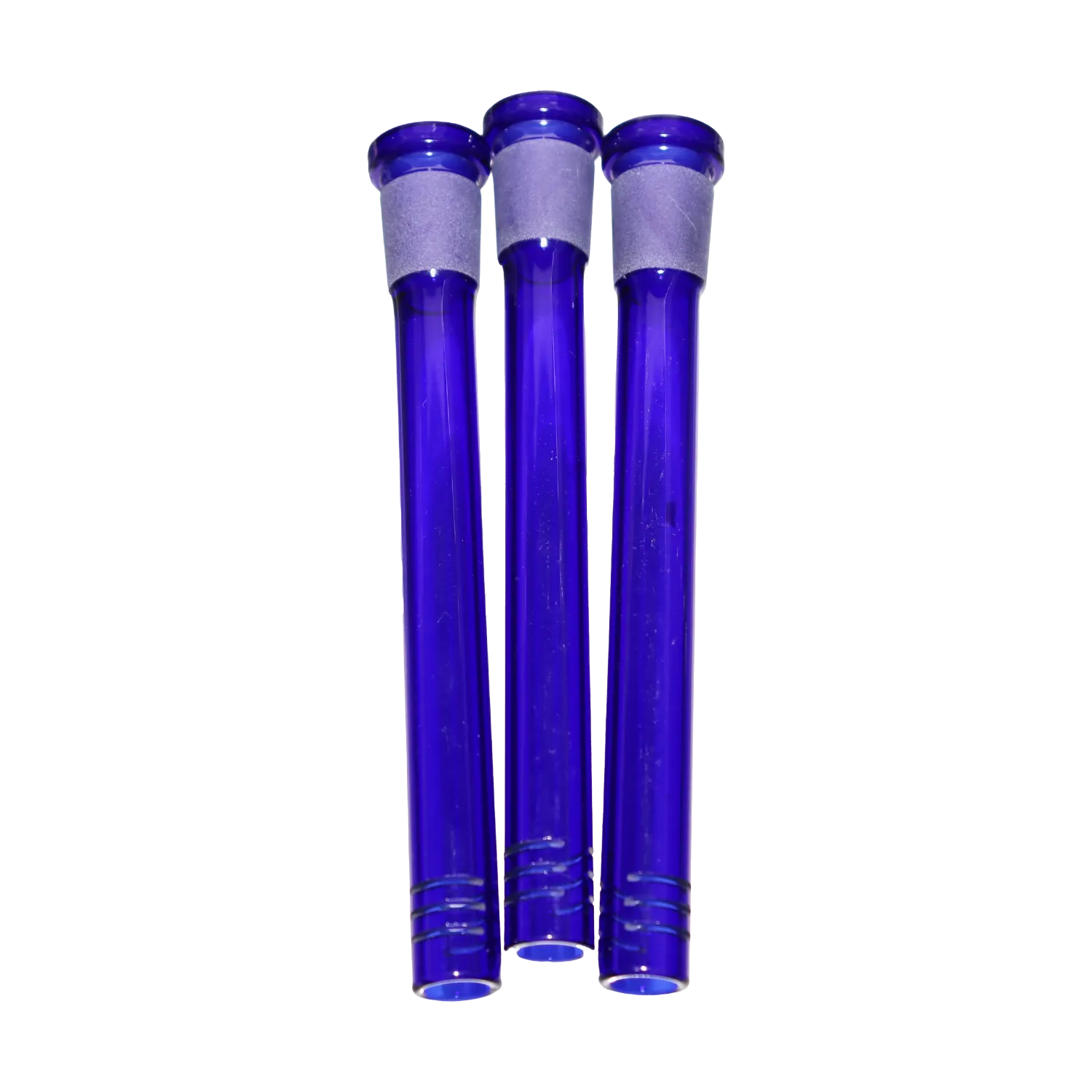 Top-down view of three cobalt blue DHC Color Diffused Downstem - 5 in. tubes standing side-by-side against a white background.