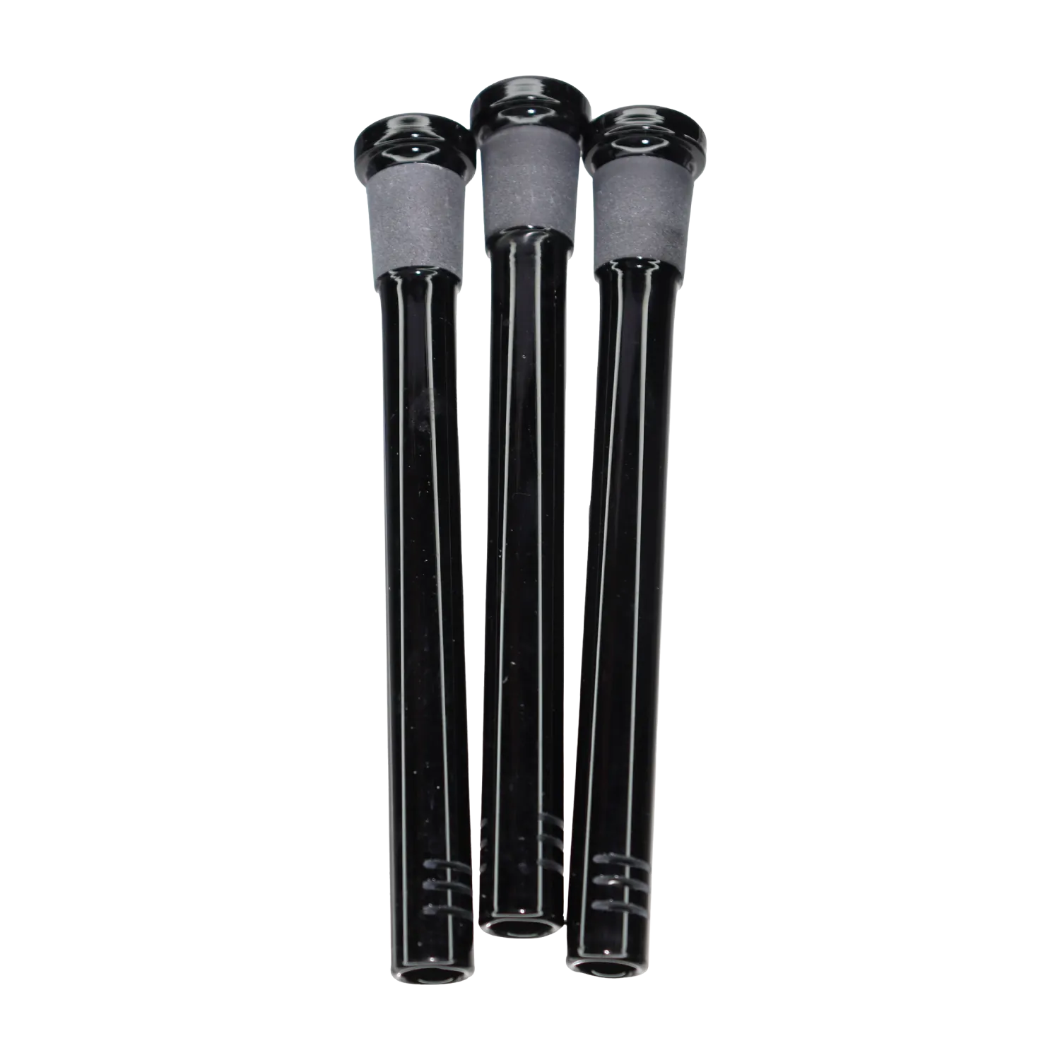 Top-down close shot of three glossy black DHC Color Diffused Downstem - 5 in. tubes with matte grey frosted joints aligned side by side.