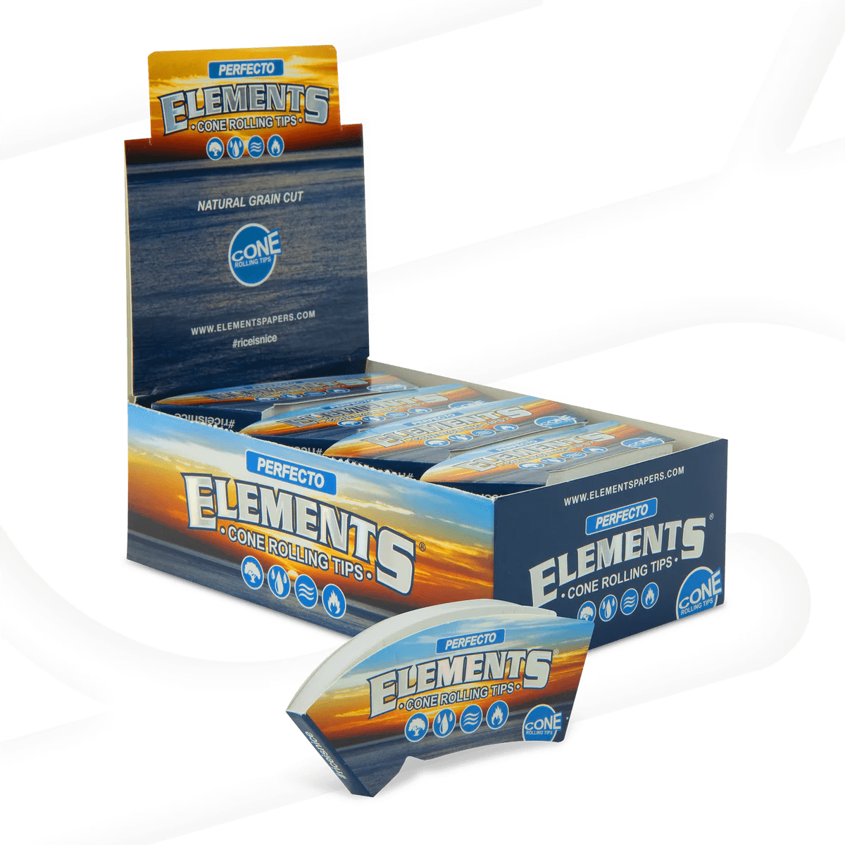 A close-up shot of the Elements Perfecto Cone Rolling Tips packaging, displaying the brand logo and product name against a white background.