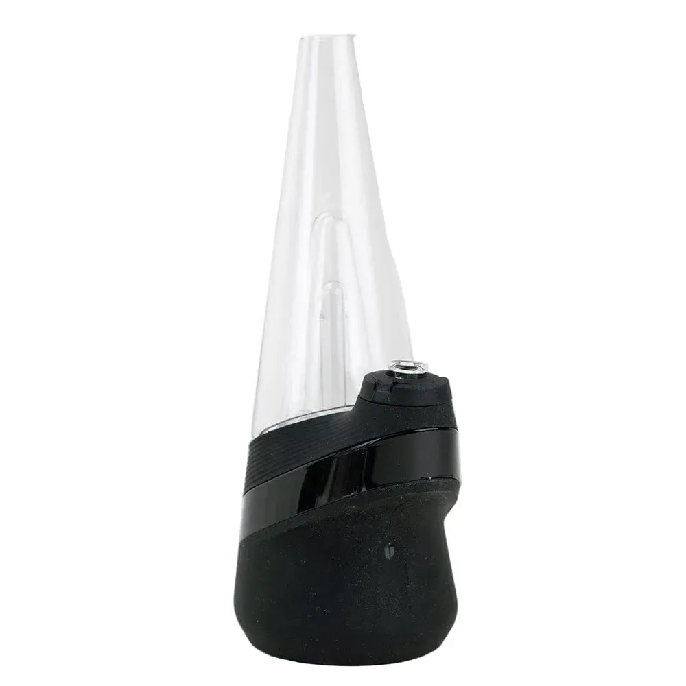Front view of the Empire Glassworks PuffCo 'New Peak' & Proxy Glass Joystick Cap - Glow in the Dark showing its clear conical glass piece mounted on a black angled base against a white background.