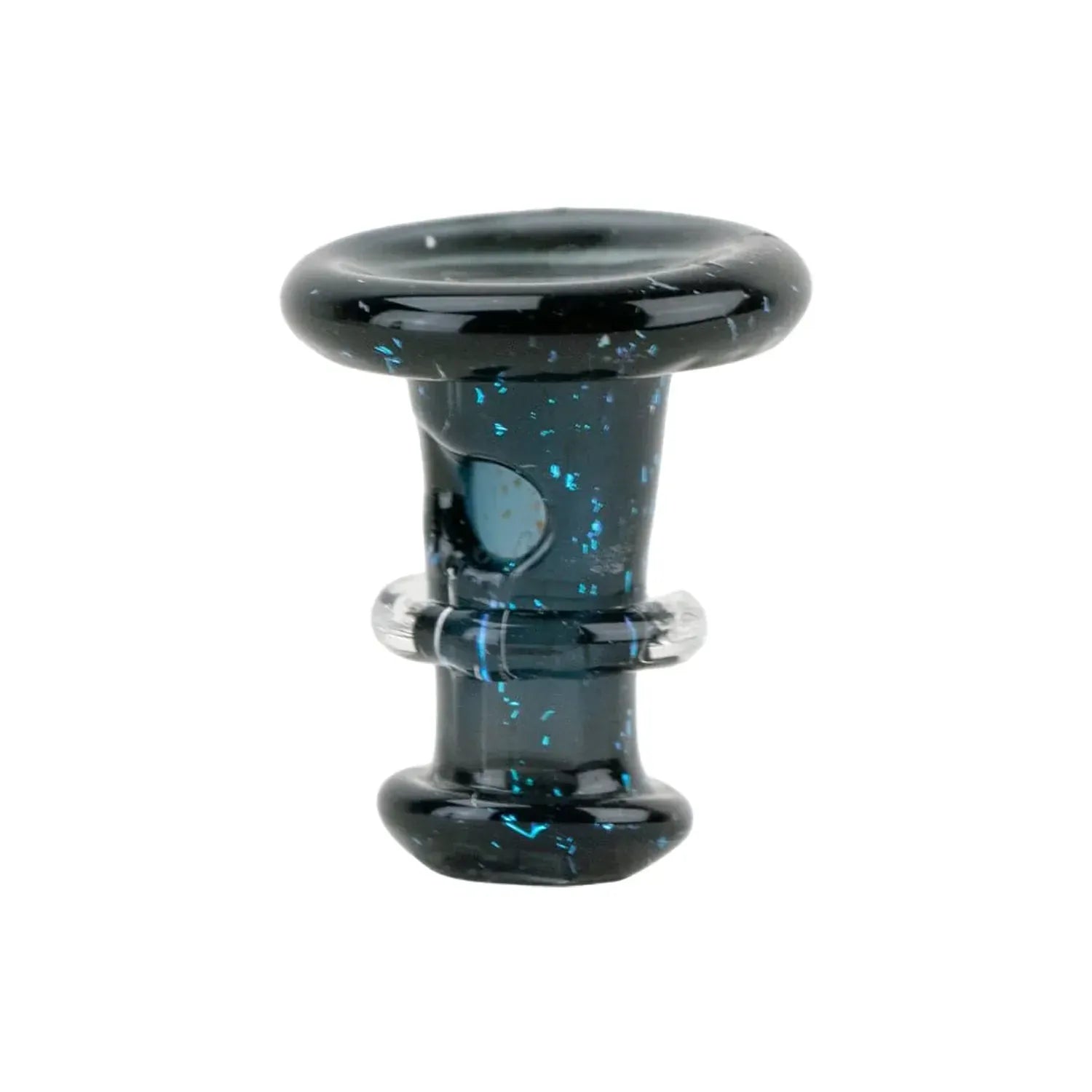Close-up front view of the Empire Glassworks PuffCo 'New Peak' & Proxy Glass Joystick Cap - Nebula Black showing its glossy black glass with tiny blue flecks and clear glass rings.
