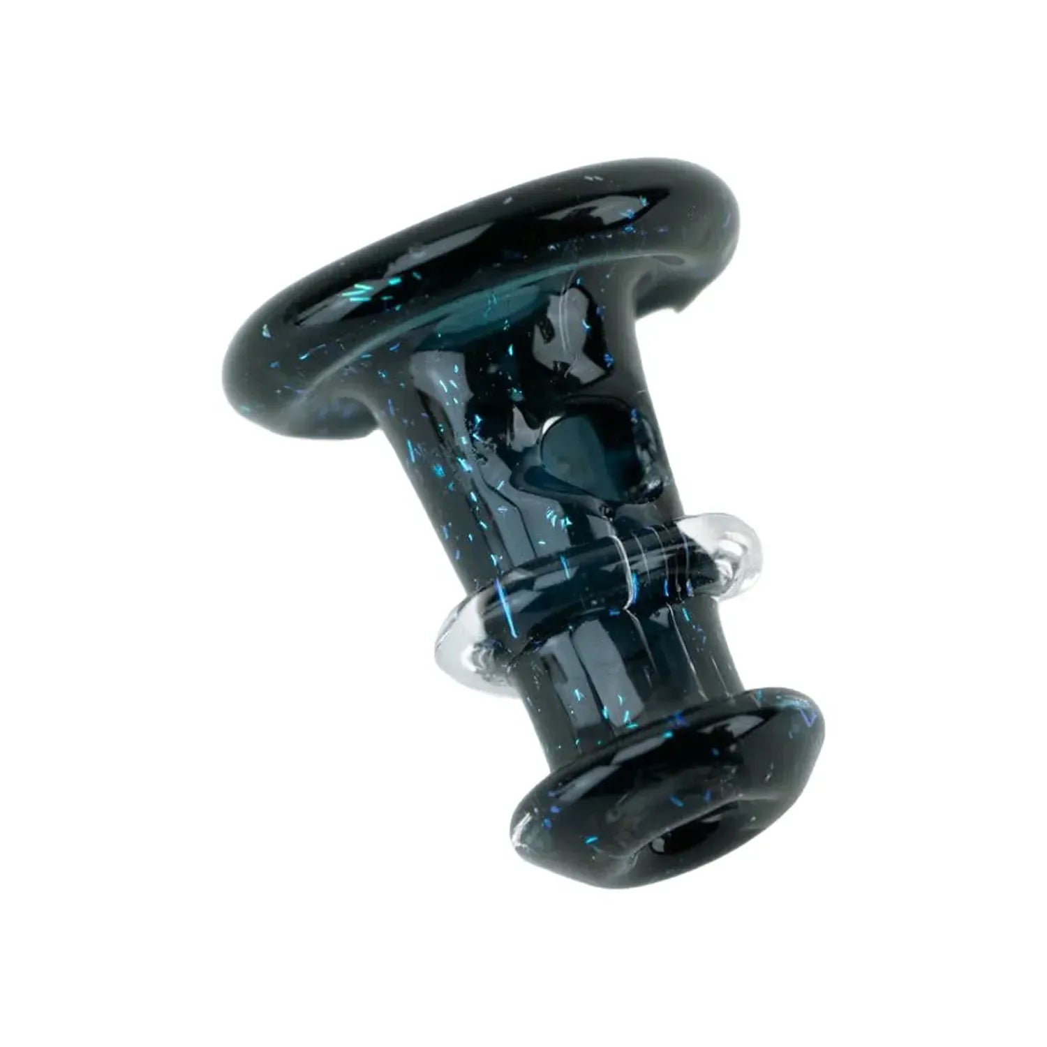 Angled close-up of the Empire Glassworks PuffCo 'New Peak' & Proxy Glass Joystick Cap - Nebula Black showing its glossy black glass with blue flecks and a clear glass ring.