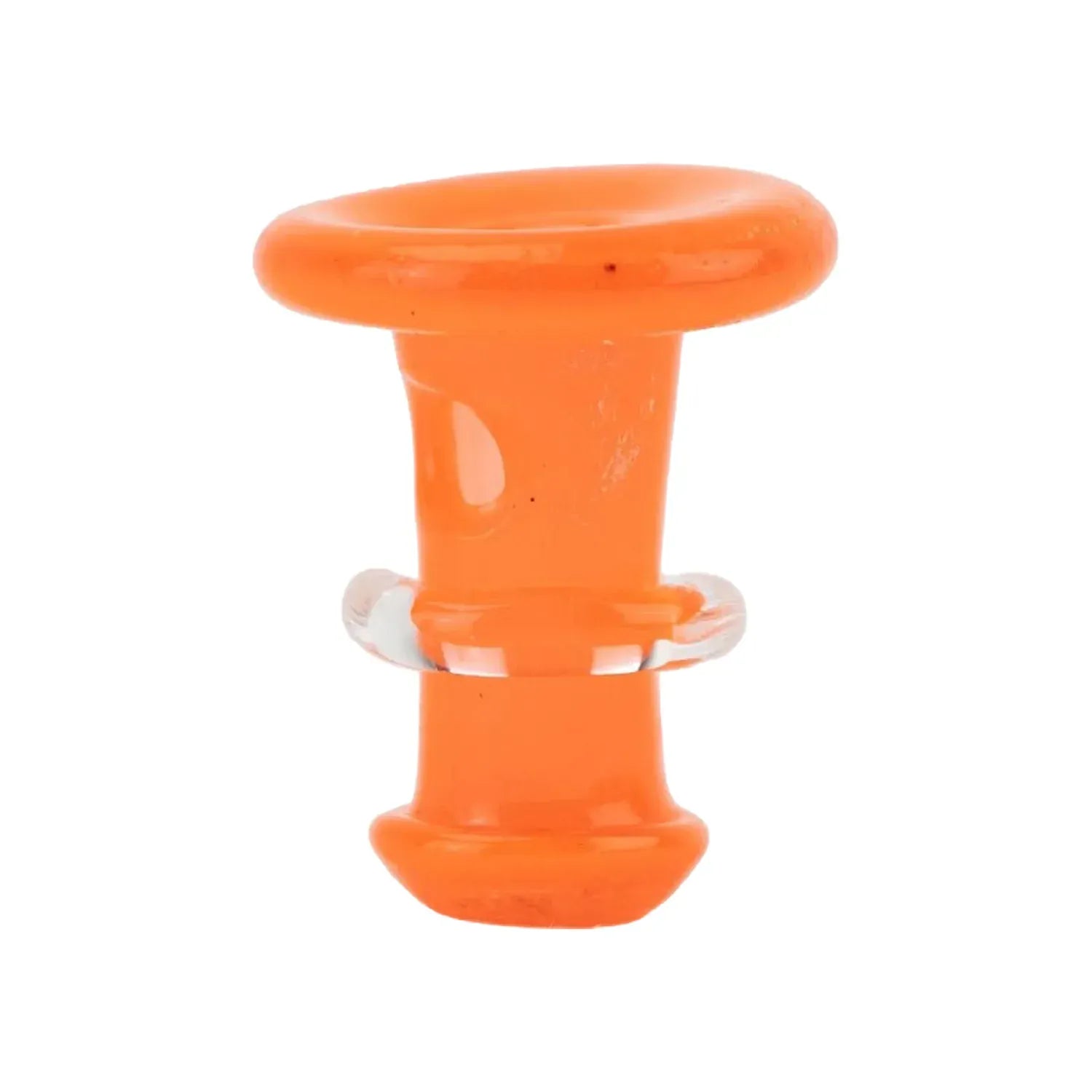 Close-up front view of the orange Empire Glassworks PuffCo 'New Peak' & Proxy Glass Joystick Cap - Orange showing its rounded top, clear mid-ring, and glossy finish.