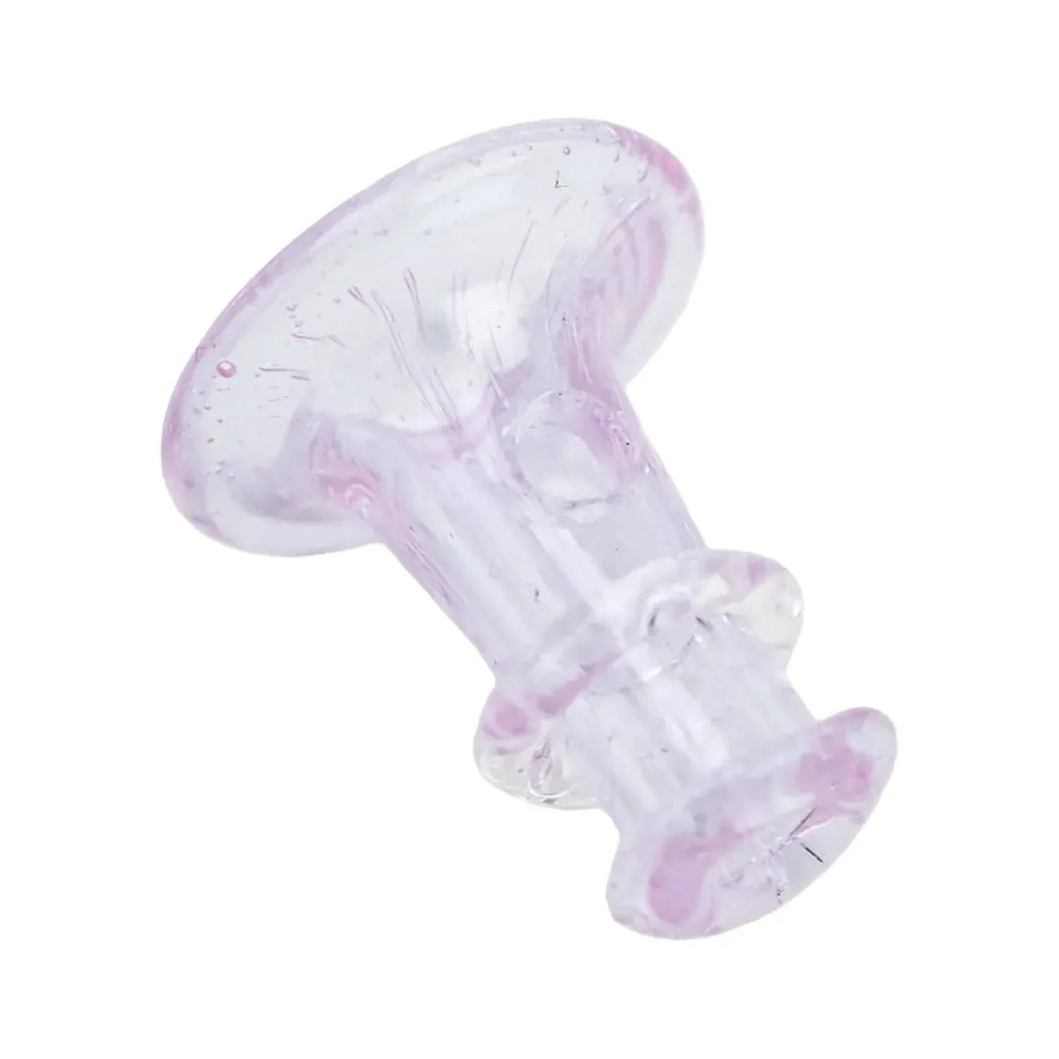 Angled close-up of the pink-slyme Empire Glassworks PuffCo 'New Peak' & Proxy Glass Joystick Cap showing translucent glass with pale pink swirls and air bubble details