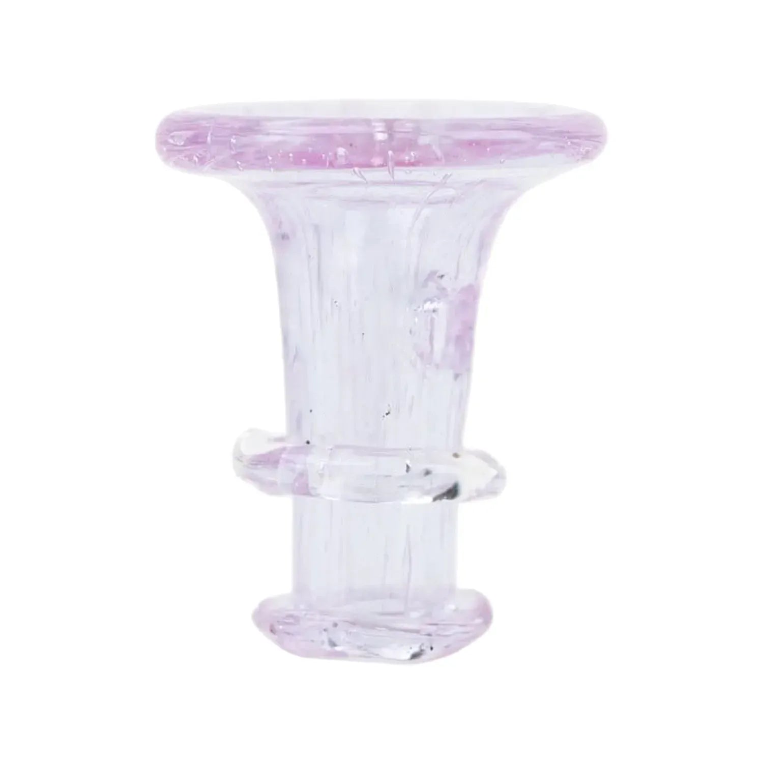 Close-up front view of the Empire Glassworks PuffCo 'New Peak' & Proxy Glass Joystick Cap - Pink Slyme showing a translucent pale pink flared top and ringed stem against a white background.