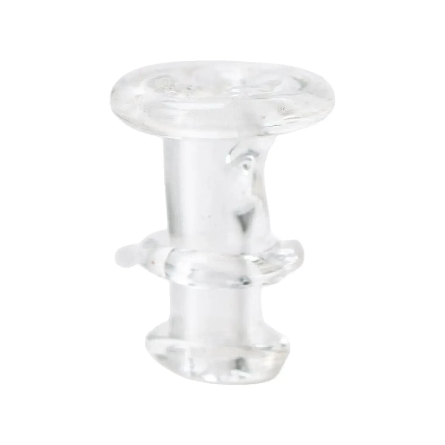 Close-up front view of the Empire Glassworks PuffCo 'New Peak' & Proxy Glass Joystick Cap - Pink UV showing a clear glass knob and stem against a white background