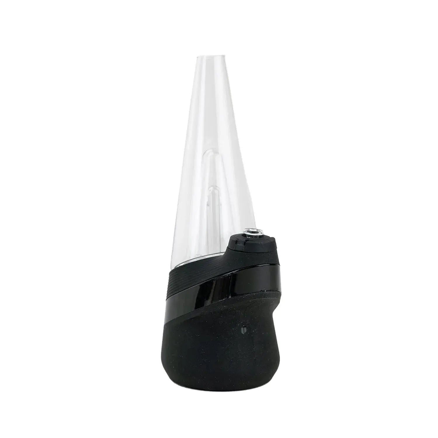 Close-up front view of the Empire Glassworks PuffCo 'New Peak' & Proxy Glass Joystick Cap - Pink UV showing a clear conical glass peak mounted on a black joystick cap against a white background