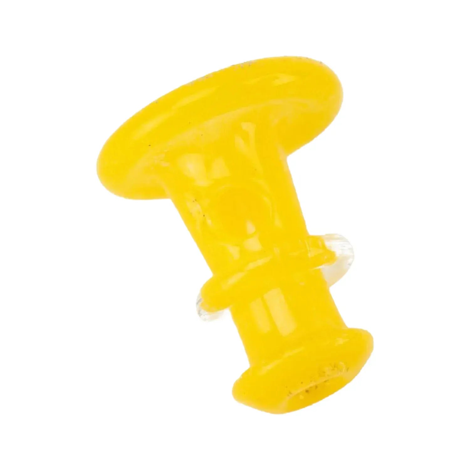 Angled close-up of the Sunshine Yellow Empire Glassworks PuffCo 'New Peak' & Proxy Glass Joystick Cap showing its glossy rounded top and stem against a white background