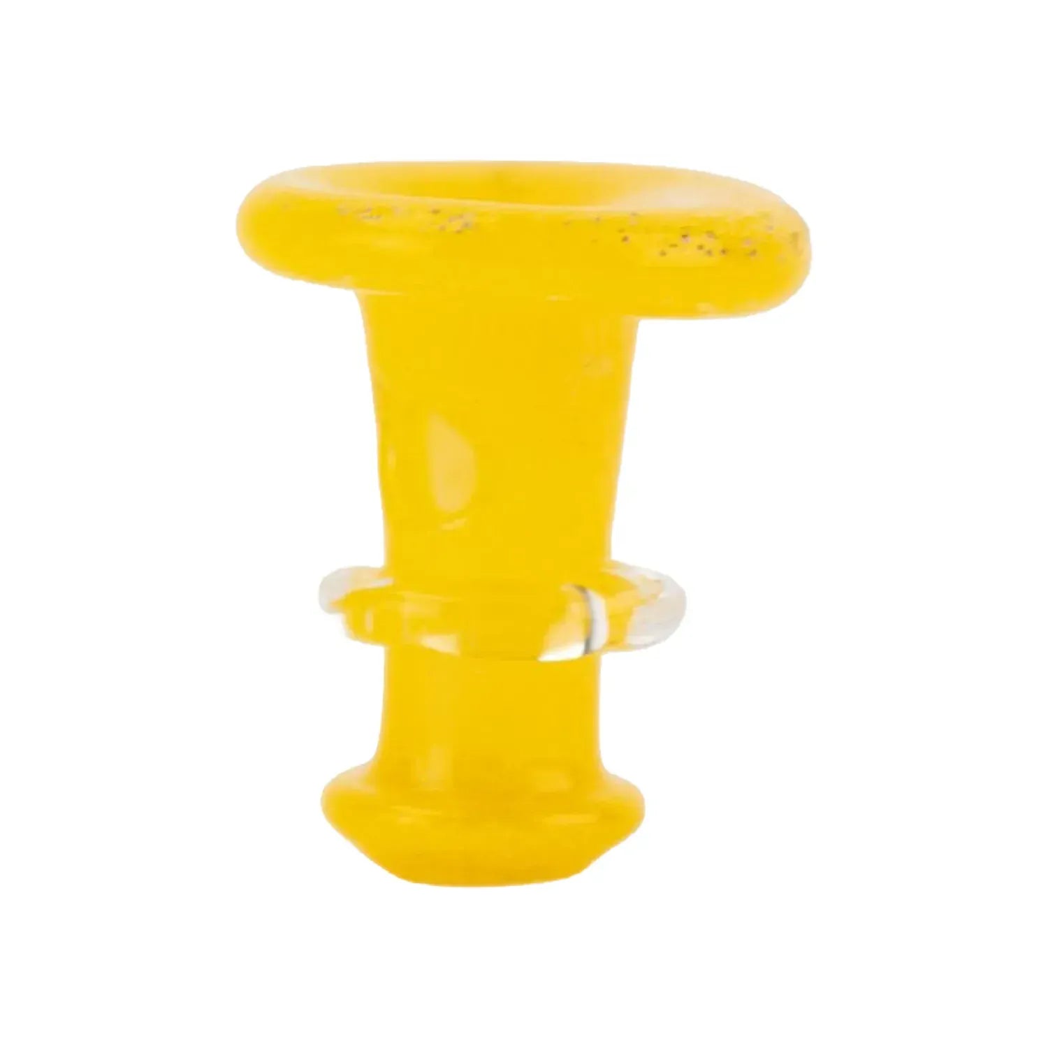 Close-up front view of the Empire Glassworks PuffCo 'New Peak' & Proxy Glass Joystick Cap - Sunshine Yellow showing its glossy yellow stem and rounded top with a clear decorative ring.