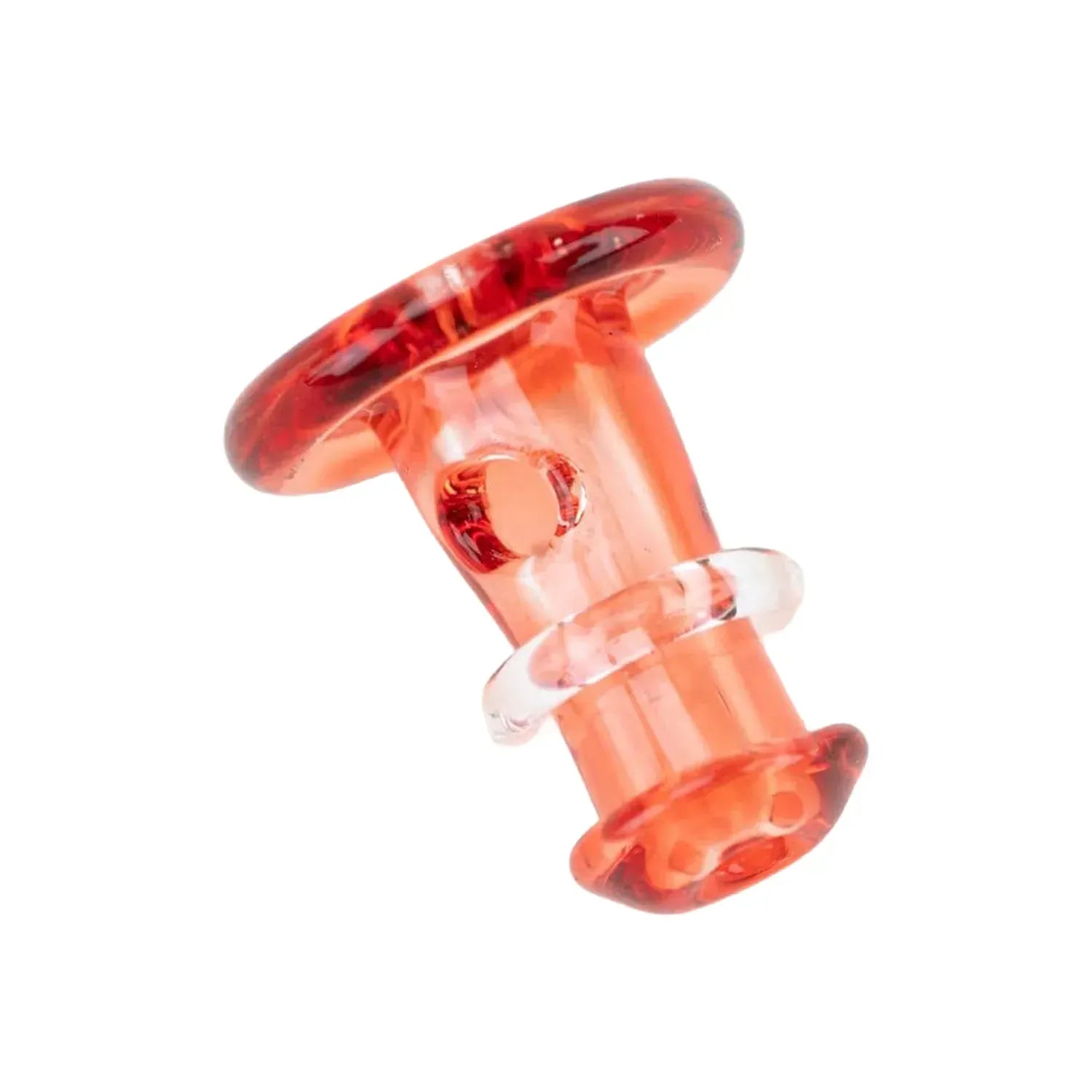Close-up angled view of the translucent red Empire Glassworks PuffCo 'New Peak' & Proxy Glass Joystick Cap showing its glossy flared top, clear accent ring, and hollow stem against a white background.