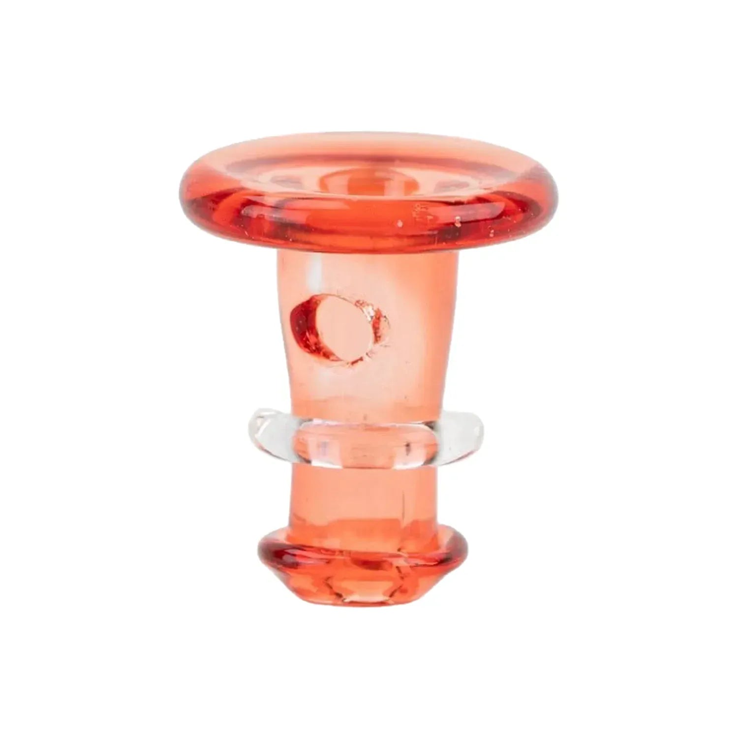 Close-up front view of the translucent red Empire Glassworks PuffCo 'New Peak' & Proxy Glass Joystick Cap showing its rounded top, central hole, and clear glass ring against a white background.