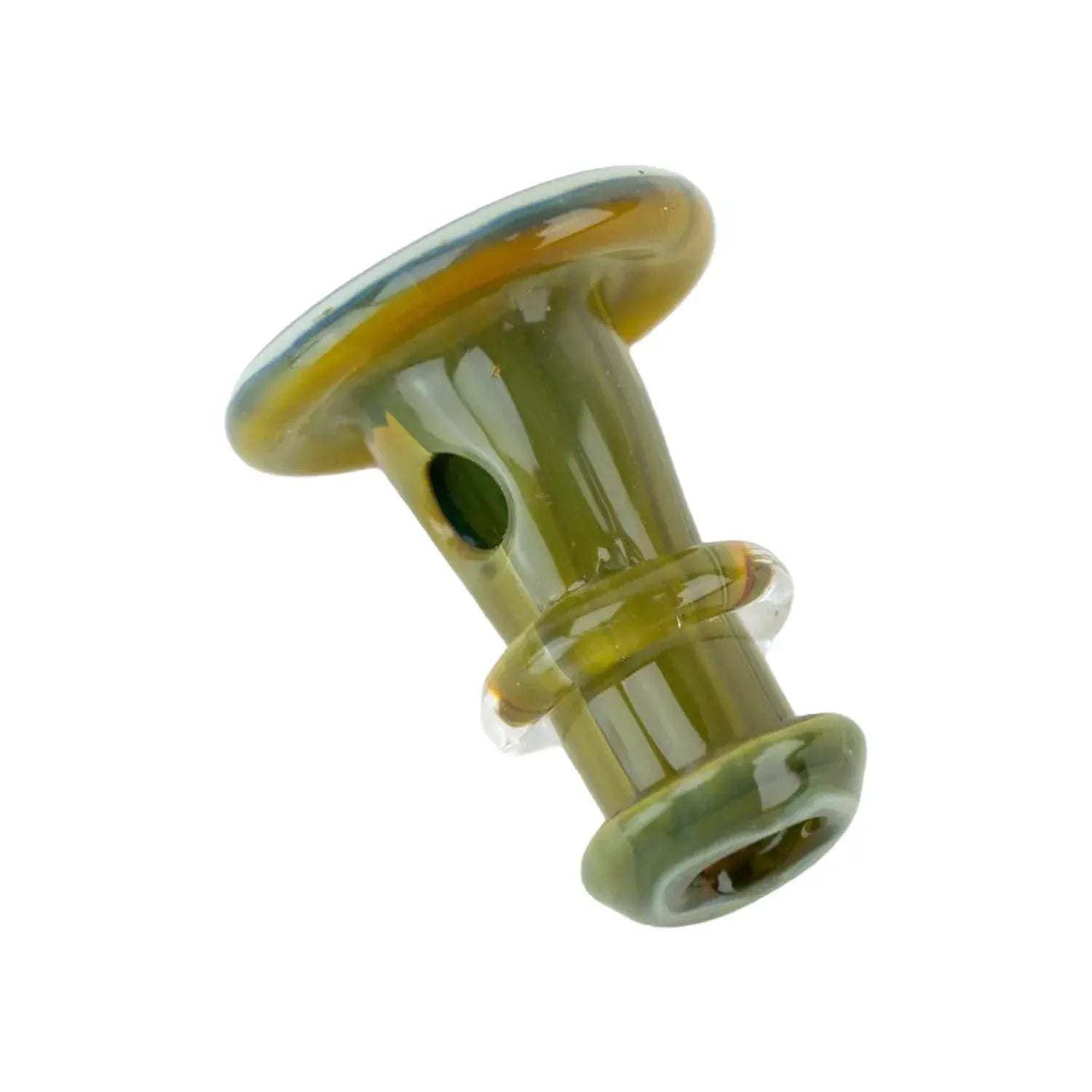 Angled close-up of the olive-green Empire Glassworks PuffCo 'New Peak' & Proxy Glass Joystick Cap showing its flared top, central hole, and raised glass rings on a white background