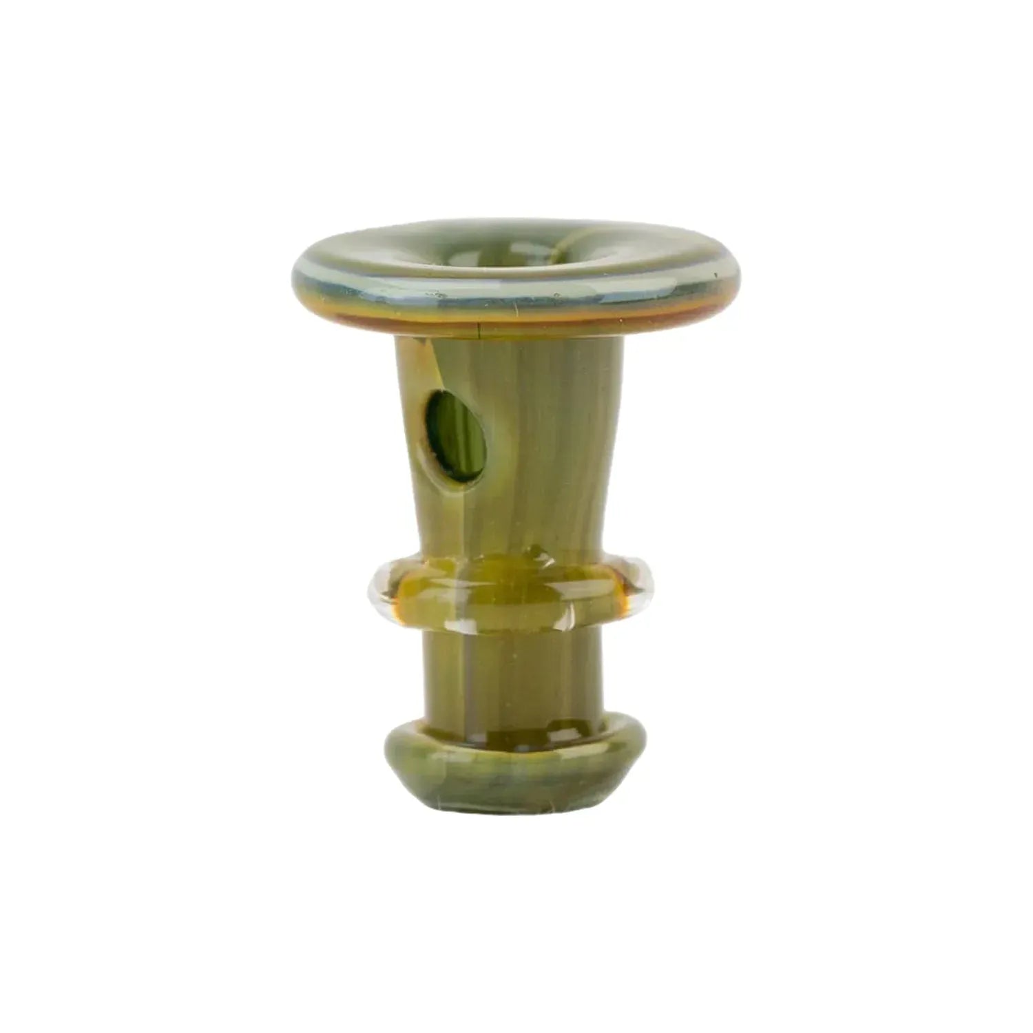 Close-up front view of the Empire Glassworks PuffCo 'New Peak' & Proxy Glass Joystick Cap - Vintage showing its olive-green glass top, hollow side hole, and stacked ring details.