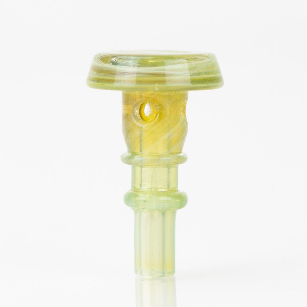 A close-up, angled view of the PuffCo Peak Pro 3D XL Chamber Glass Joystick Cap, highlighting its transparent glass construction.