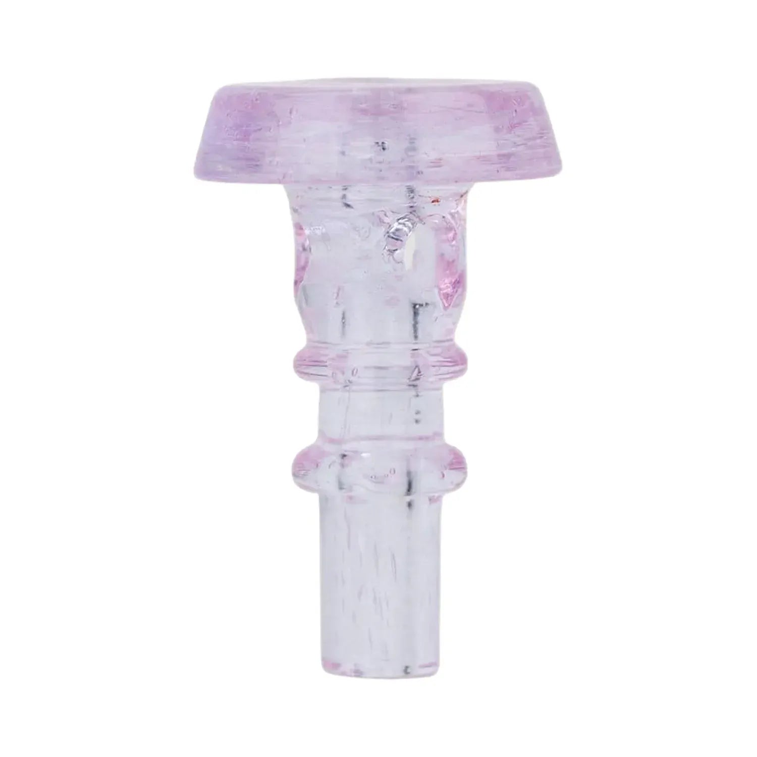 Close-up front view of a translucent pink cap piece, Empire Glassworks PuffCo Peak Pro 3D XL Chamber Glass Joystick Cap - Pink Slyme, shown against a white background.