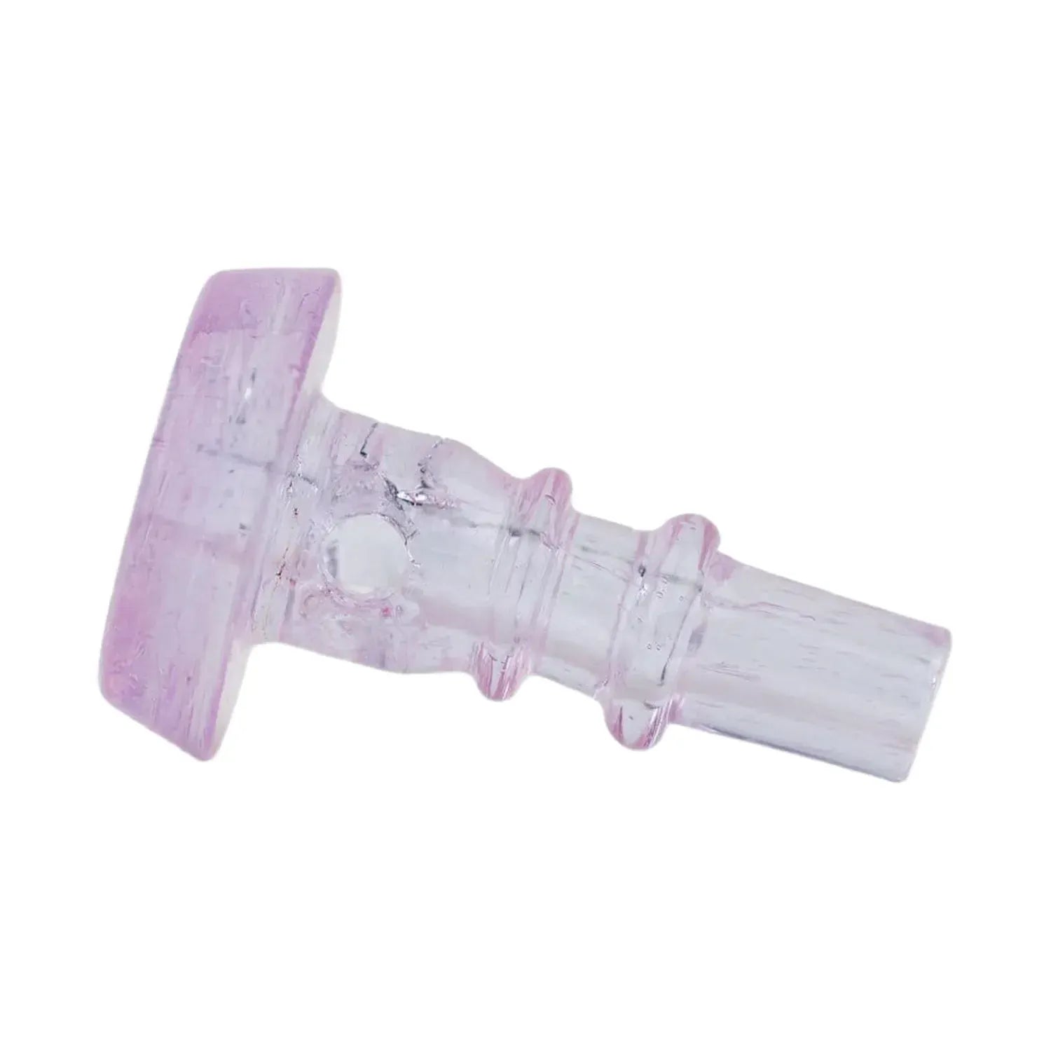 Angled close-up of a translucent pink piece showing the textured shaft and flat top of the Empire Glassworks PuffCo Peak Pro 3D XL Chamber Glass Joystick Cap - Pink Slyme