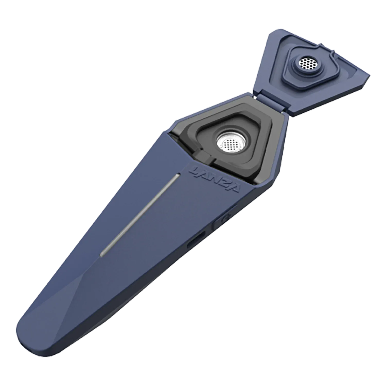 Angled overhead view of the blue XVAPE LANZA with its triangular hinged lid open, revealing the metal screen and recessed chamber.