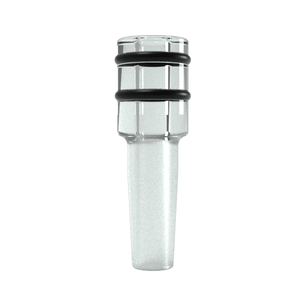 A close-up, angled view of the G Pen Hyer Male Glass Adapter, showing its clear glass construction.