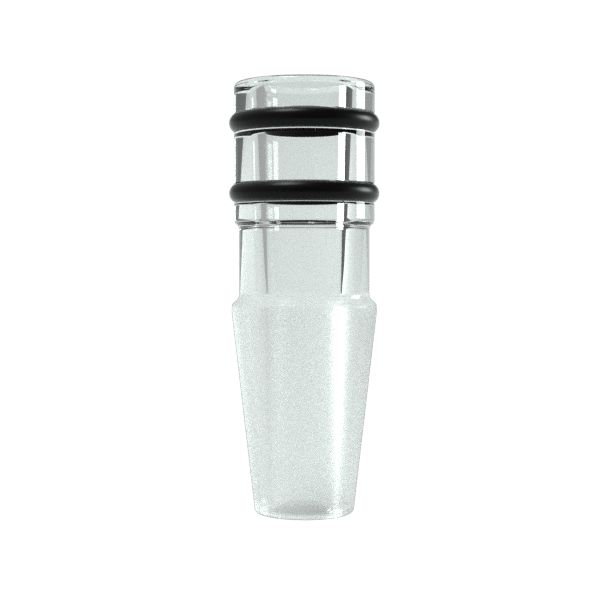 A straight-on view of the G Pen Hyer Male Glass Adapter, featuring a clear glass construction.