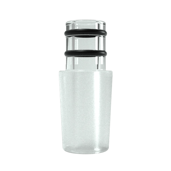 A close-up view of the G Pen Hyer Male Glass Adapter, showcasing its clear glass construction and cylindrical shape.