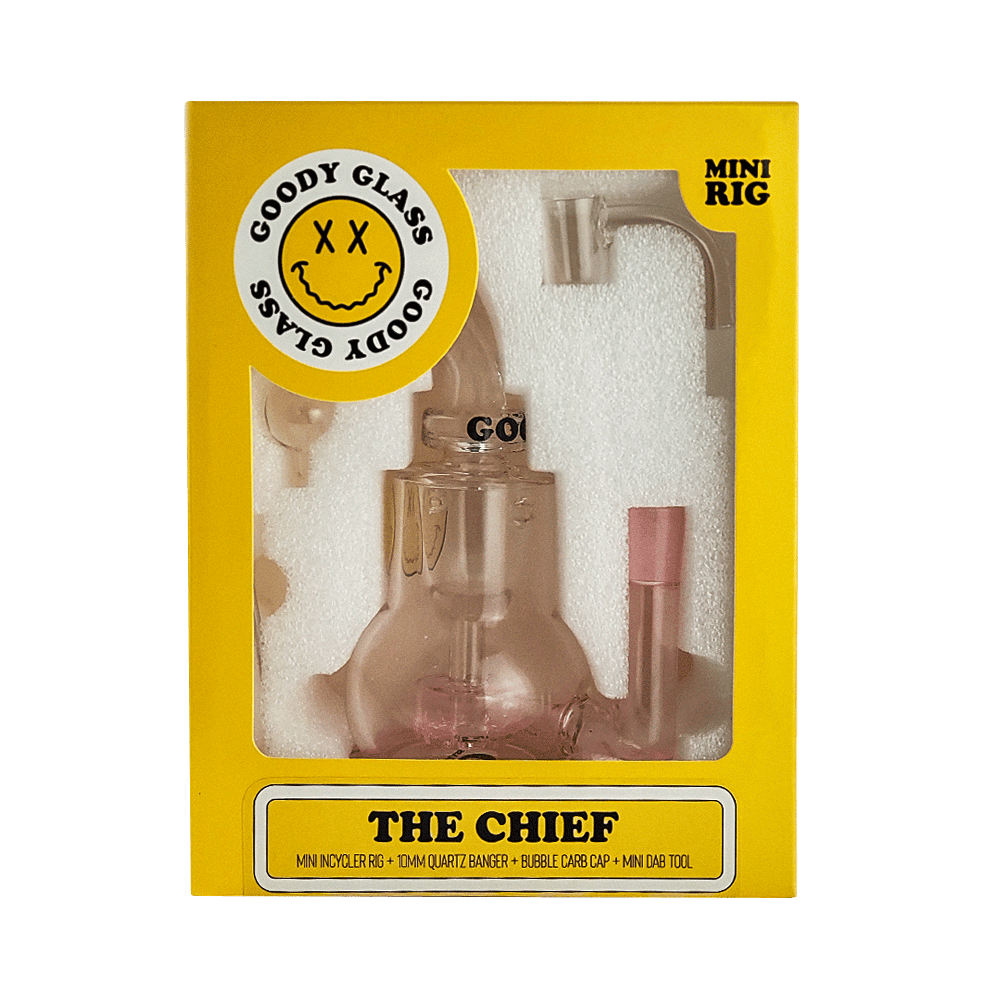 Front view of The Chief Mini Rig 4-Piece Kit, displaying the clear glass rig with branding on a black background.