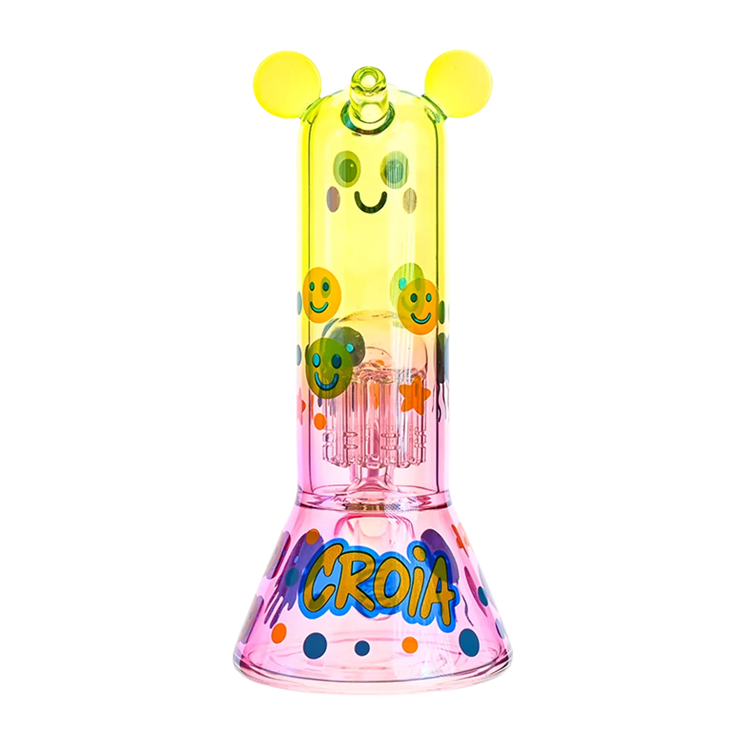 Center-front view of the Croia Glass Cute Character Beaker Bong with Jellyfish Design showing its yellow smiling top with round ear accents and a pink polka-dotted base labeled "CROIA"